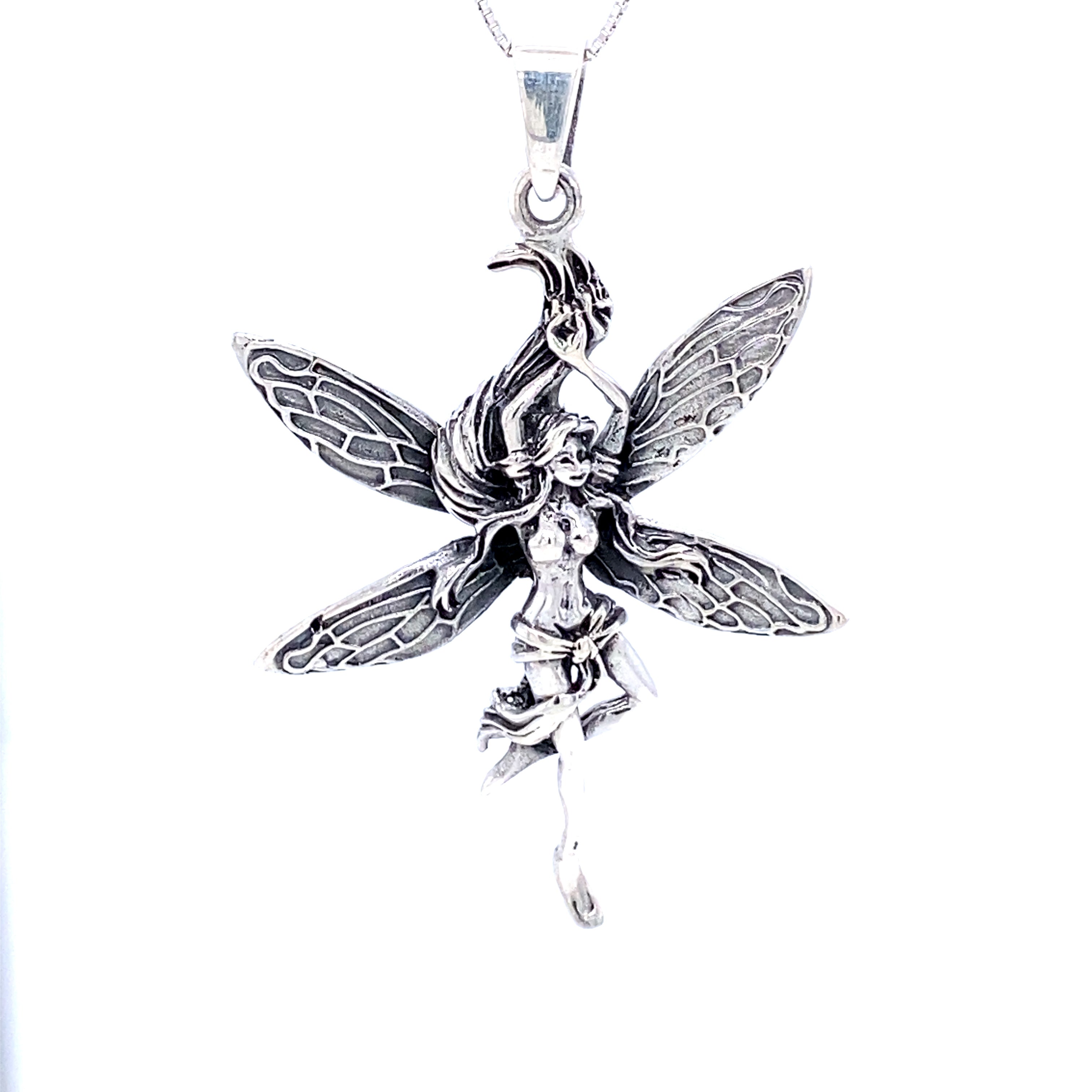 A 2" long, Super Silver Dancing Fairy Charm pendant.