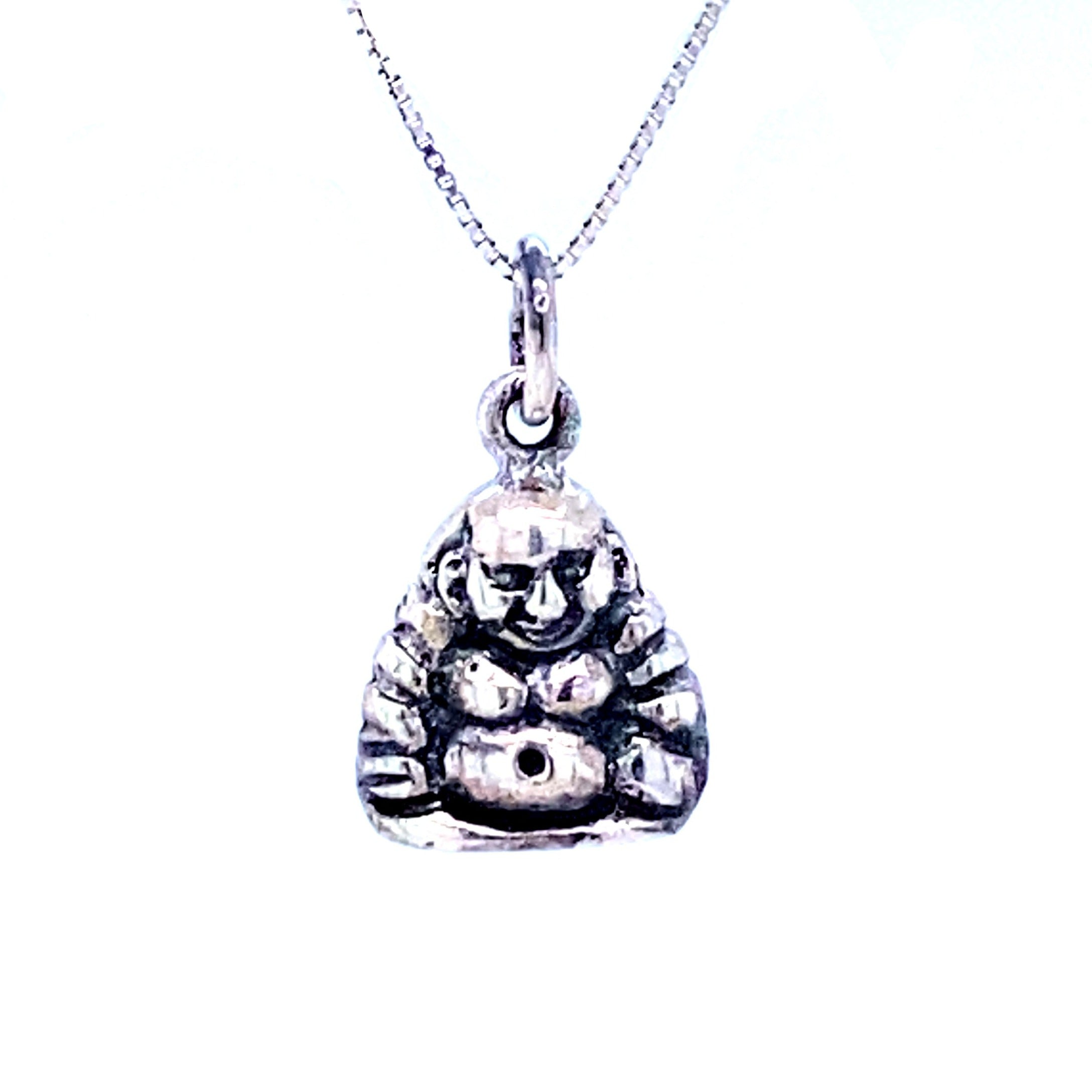 A Super Silver Laughing Buddha Charm on a chain, bringing good luck.
