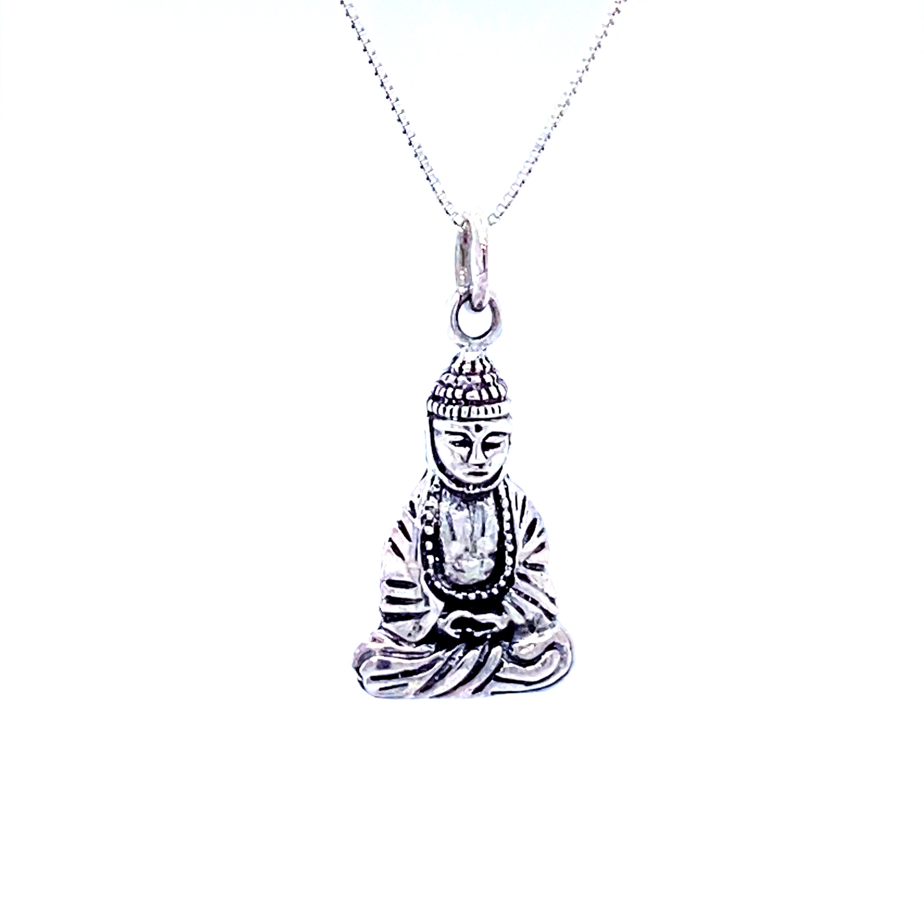 A Meditating Gautama Buddha Charm pendant on a chain for meditation, made by Super Silver.