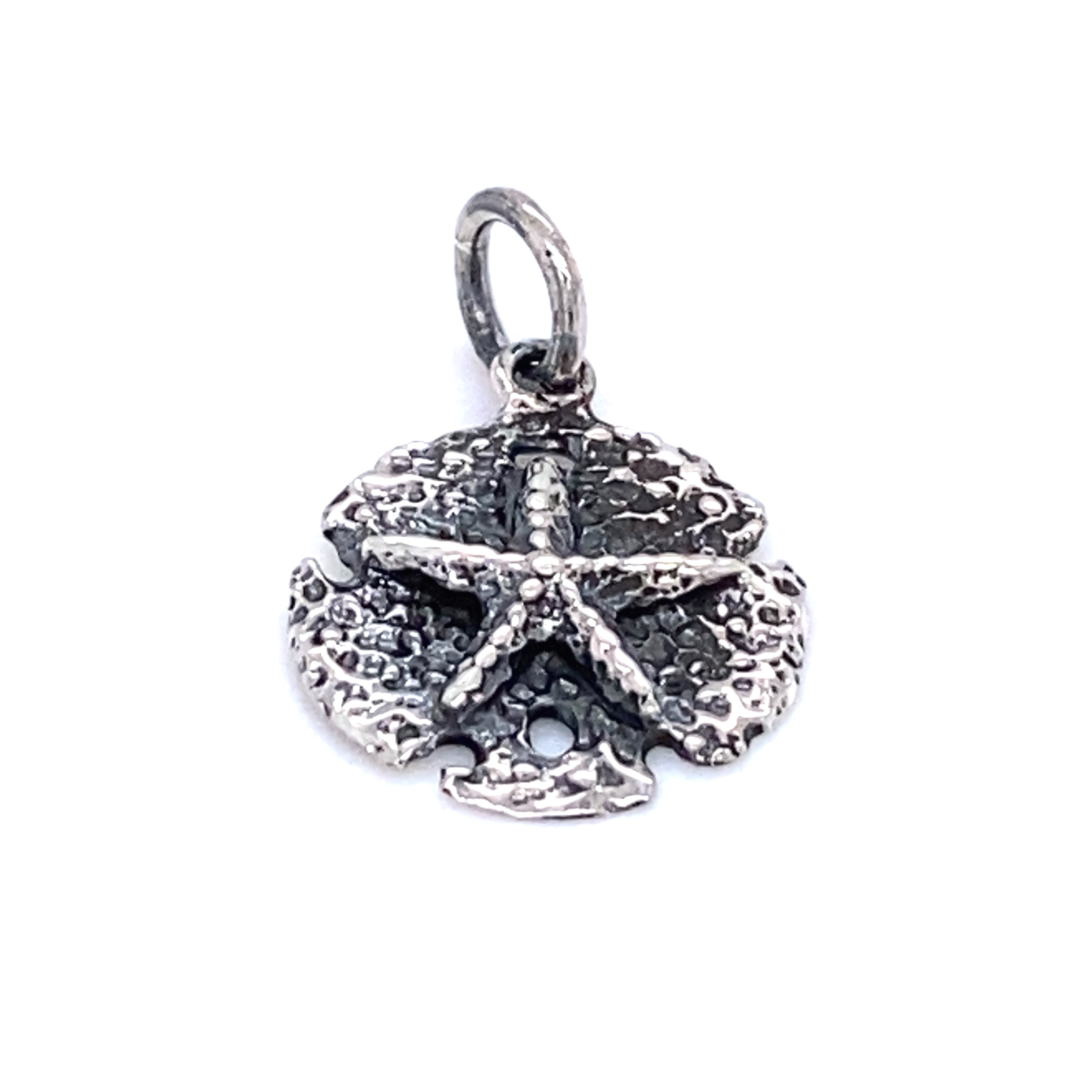 A Small Oxidized Sand Dollar Charm from Super Silver on a white background, perfect for beach lovers.