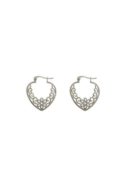 A pair of Heart Shaped Hoop earrings from Super Silver with a filigree design.