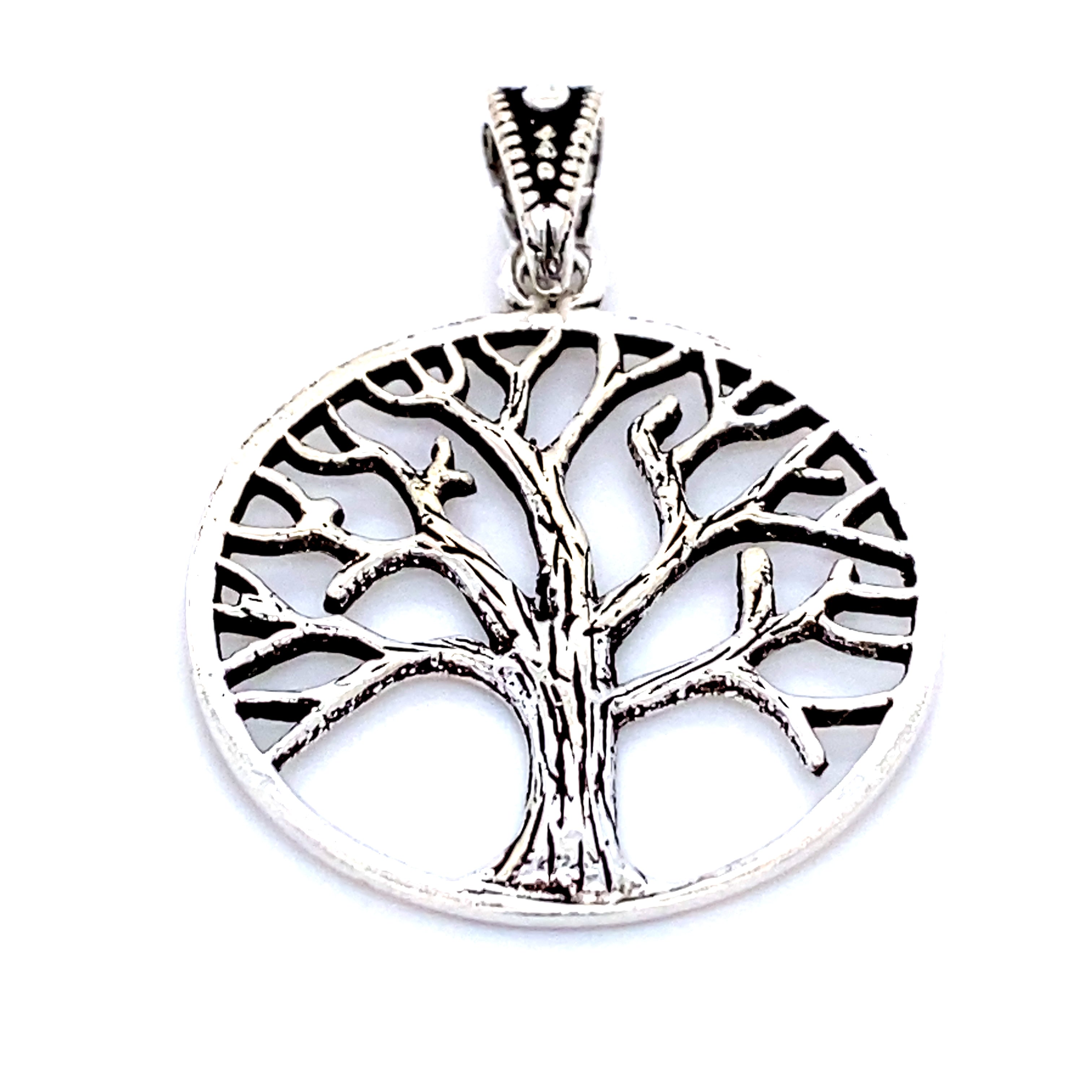 A Super Silver Mother Earth Tree Pendant on a white background.