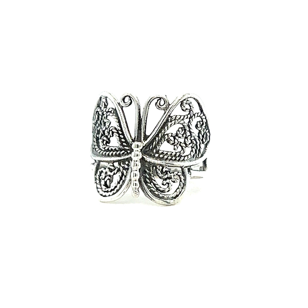 A boho-inspired Filigree Butterfly Ring on a white background.