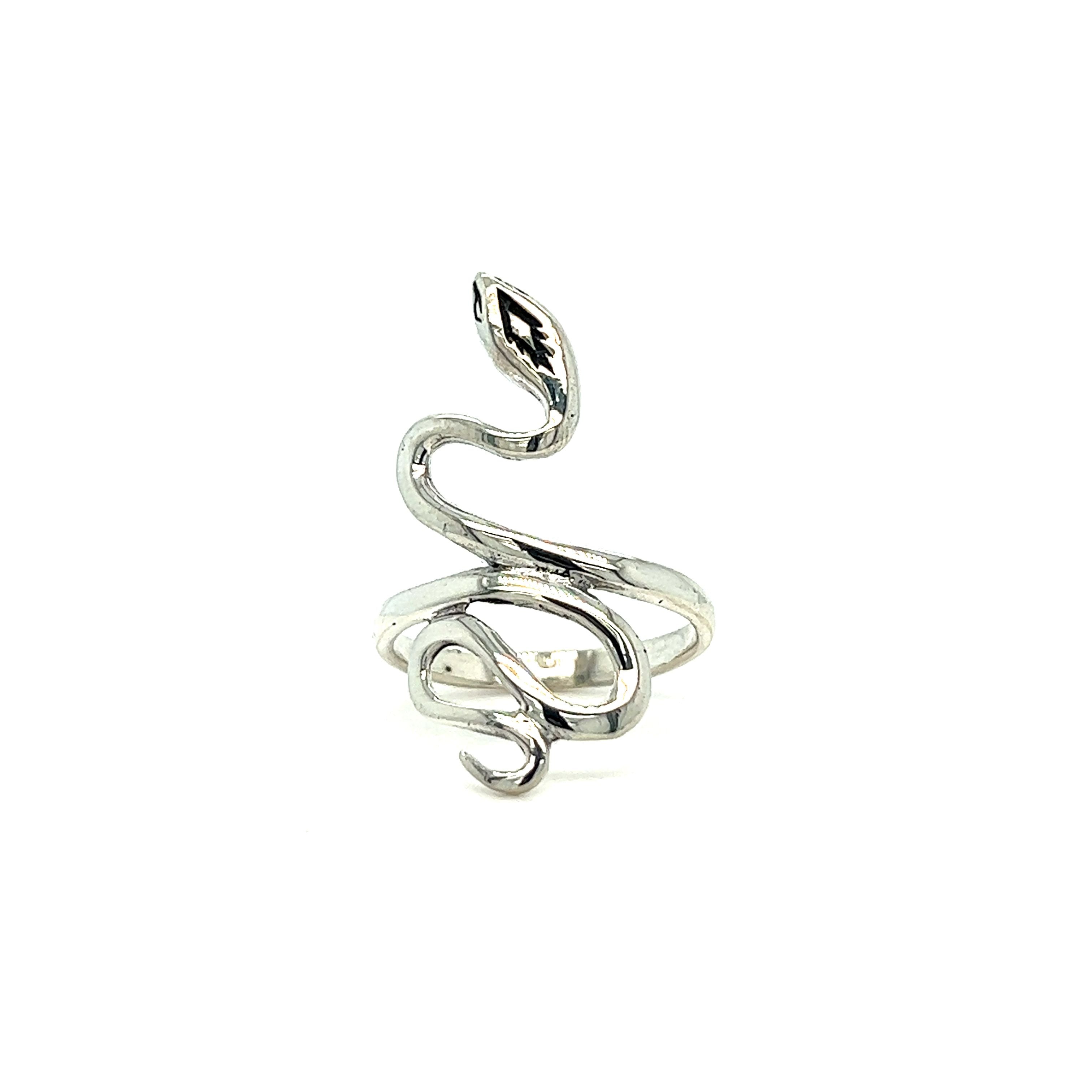 A Super Silver Coiled Snake Ring With Fine Finish showcasing both charm and confidence against a crisp white background.