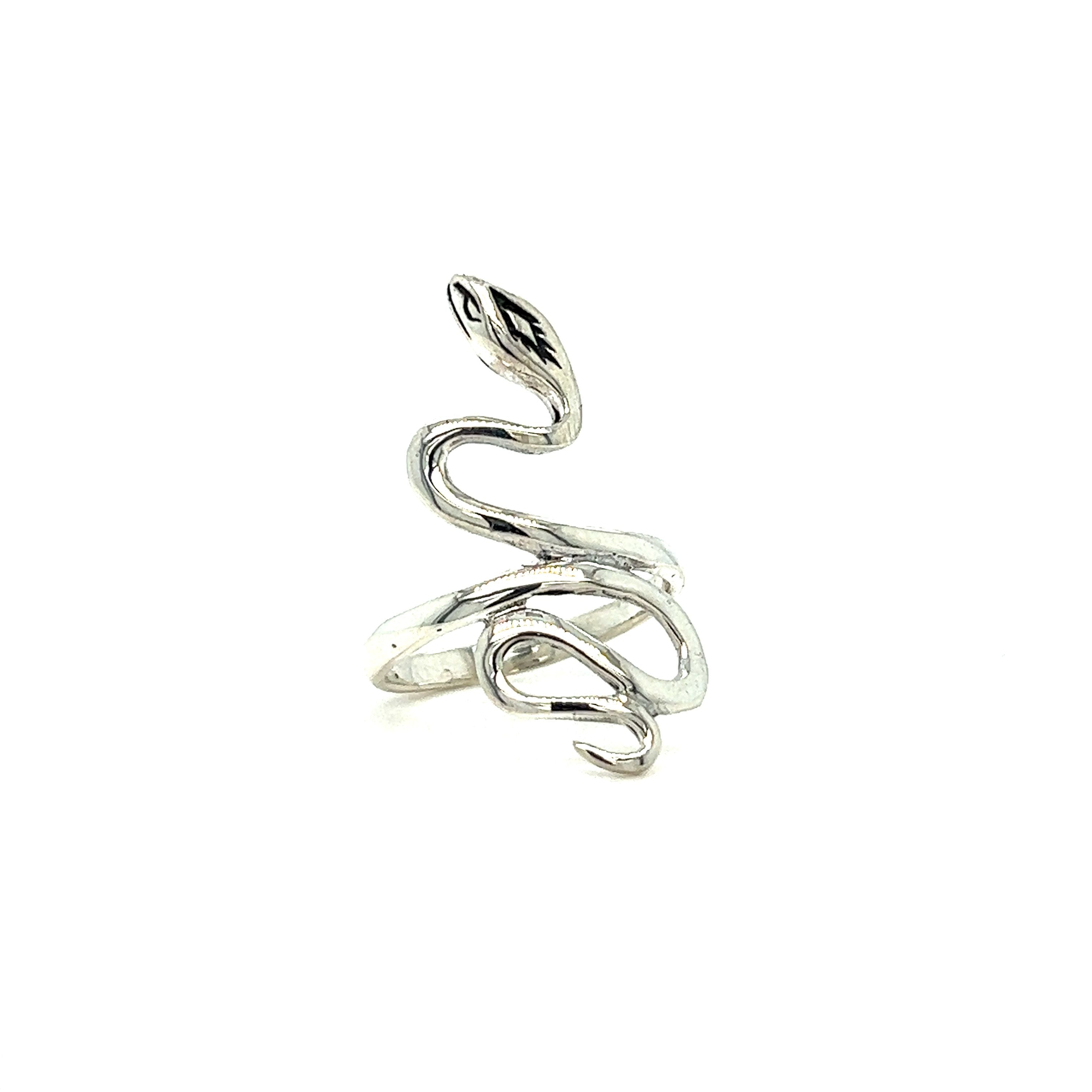 Embody charm and confidence with this exquisite Super Silver Coiled Snake Ring With Fine Finish, showcased against a pristine white background.