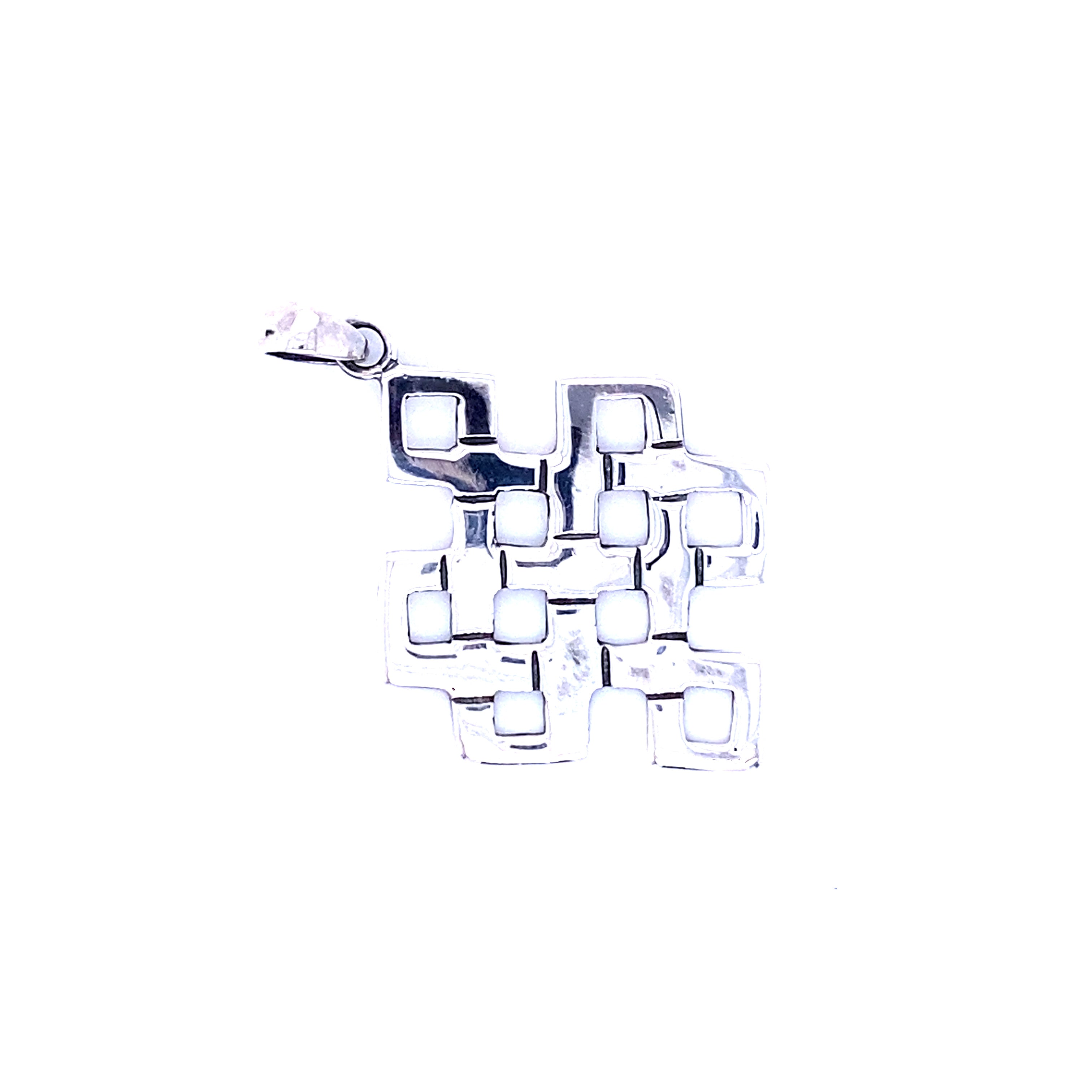 The Eternal Knot Pendant is a geometric sterling silver jewelry piece with a grid-like pattern of interconnected squares, shown against a white background.