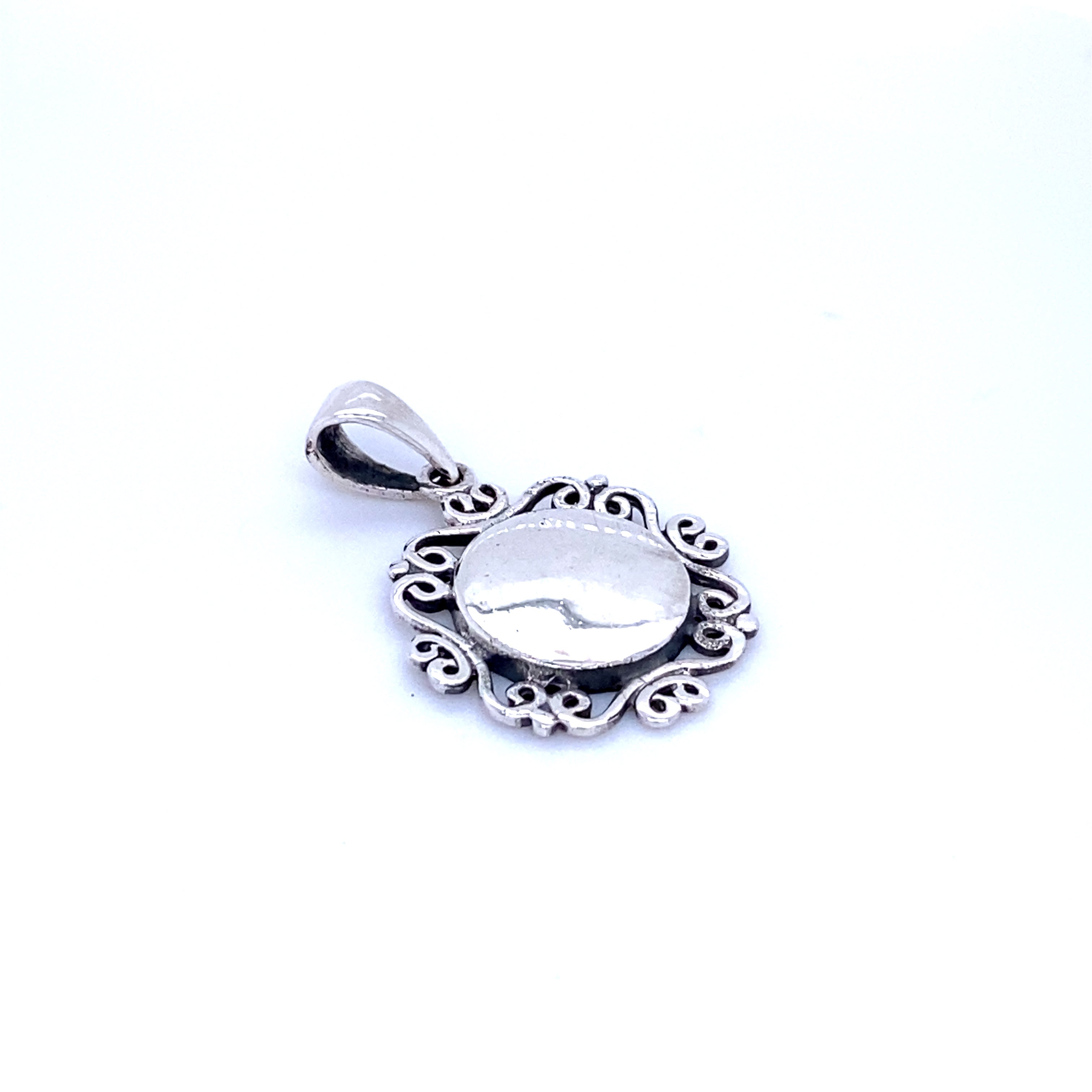 A Super Silver Engravable Pendant with Filigree Border with a white stone.
