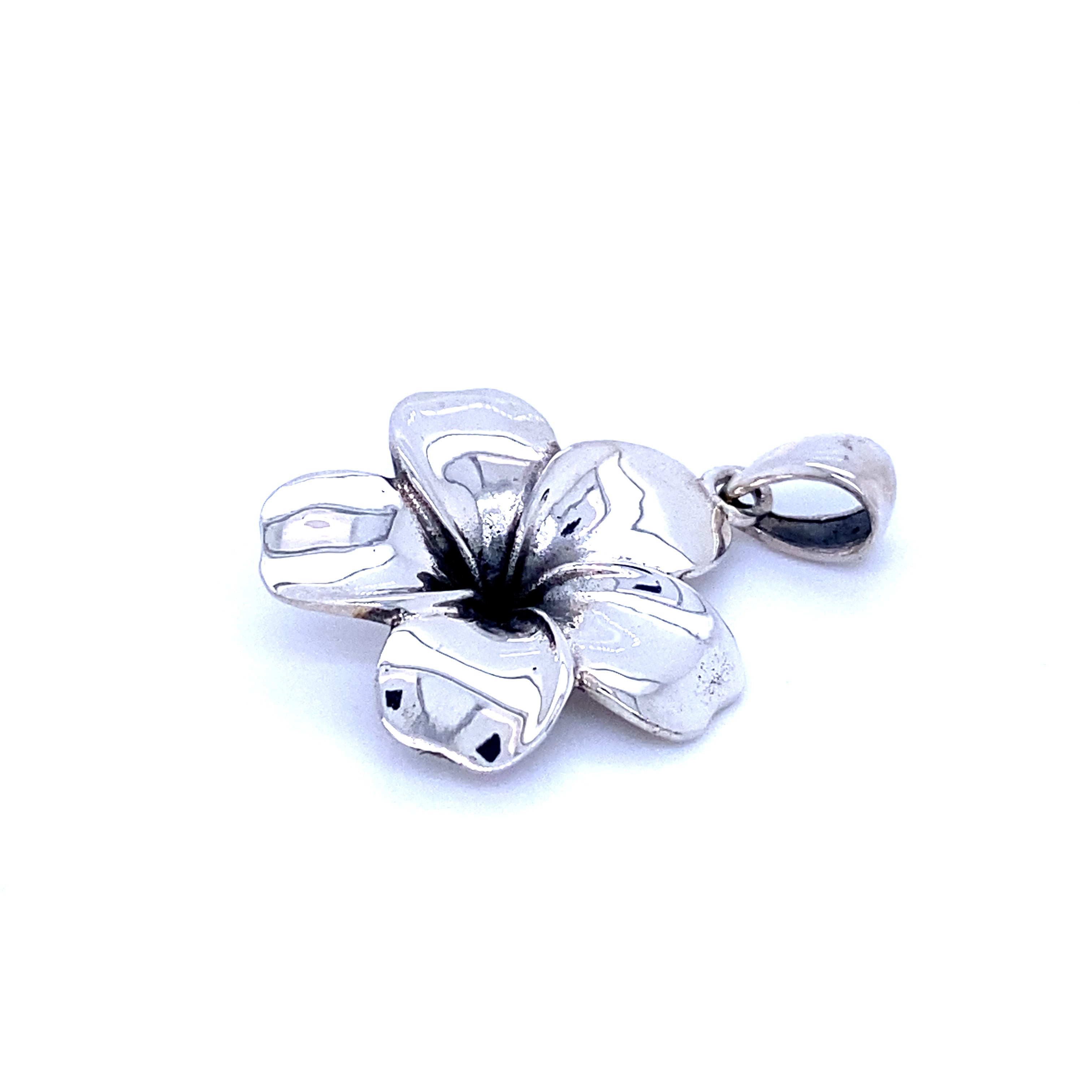 A Beautiful Plumeria Pendant, nature's elegance on a white background, from the brand Super Silver.