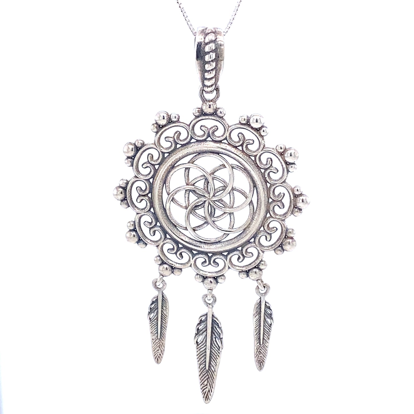 A long Flower of Life Mandala pendant with feathers made of .925 Sterling Silver by Super Silver.