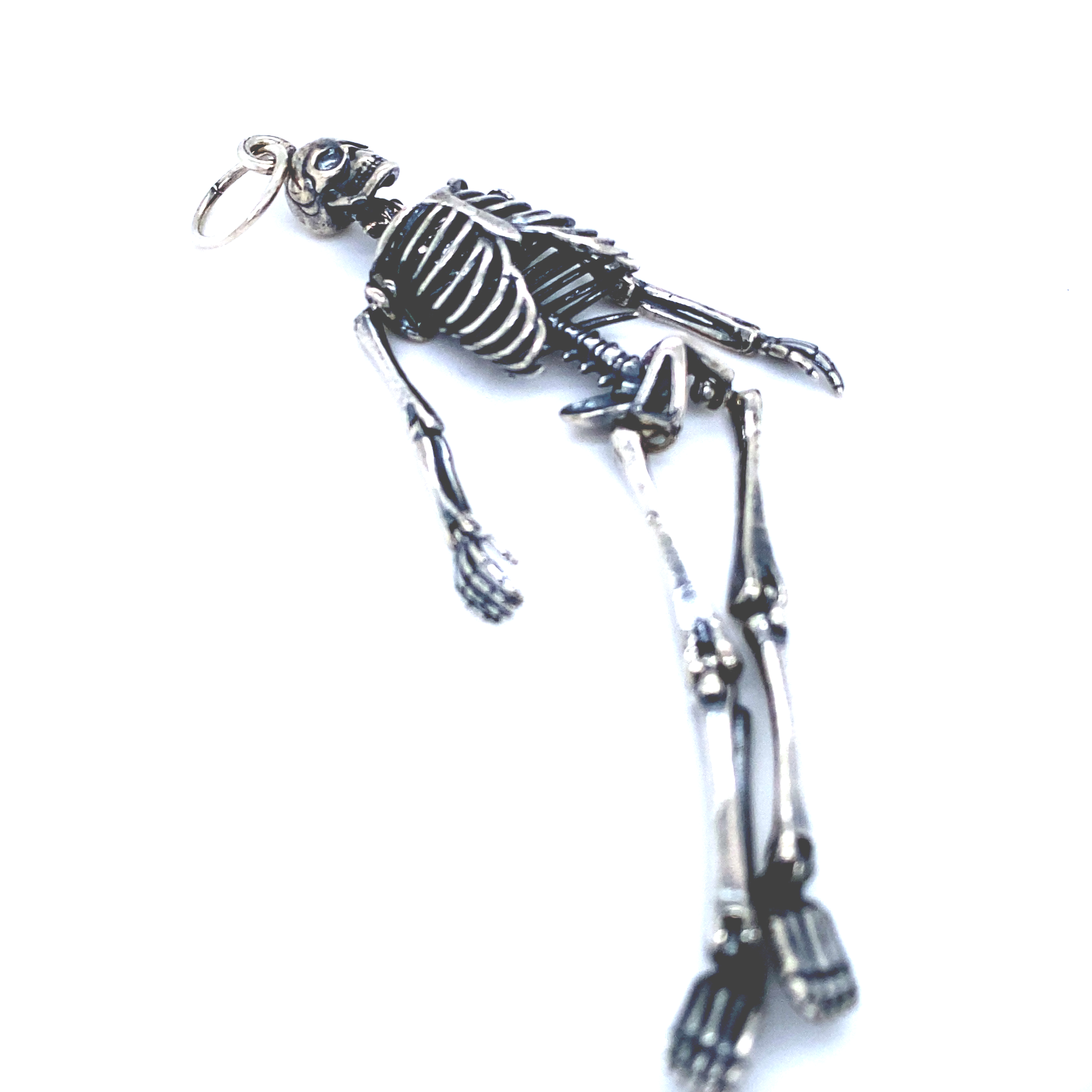 A Super Silver Large Skeleton Pendant, a stylish and eye-catching statement piece, hanging on a white surface.