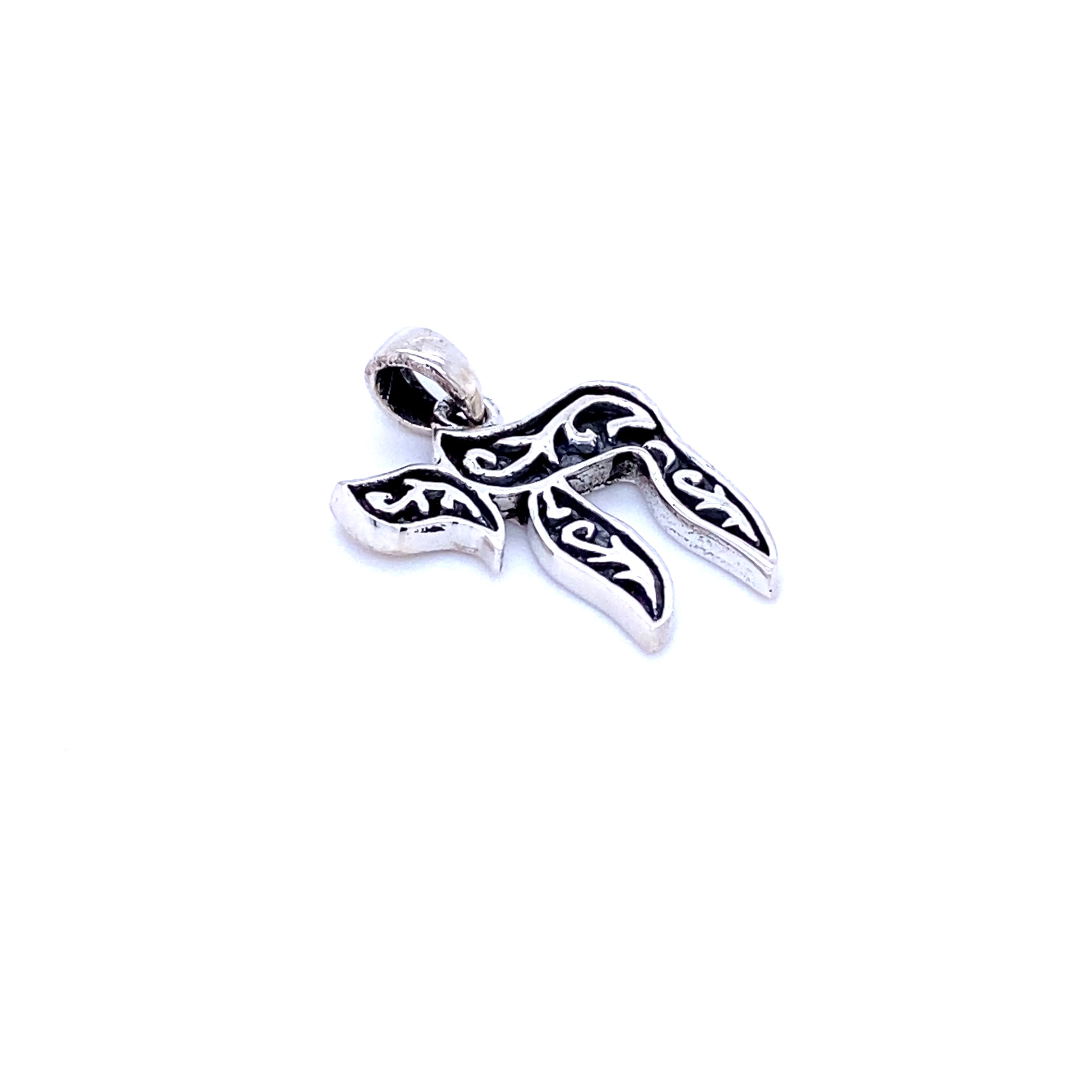 A silver Super Silver Chai Symbol Pendant with Filigree Design representing Jewish heritage.