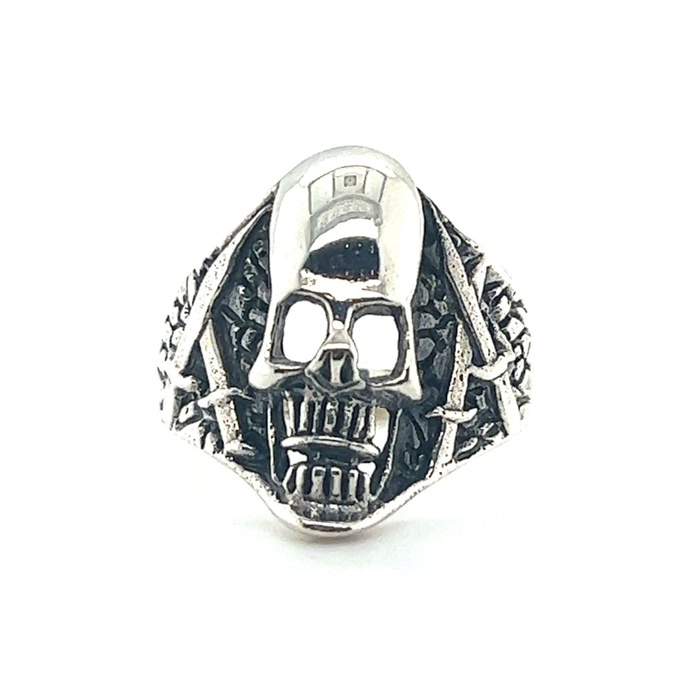 A gothic Pirate Skull Ring with Swords on a white background.