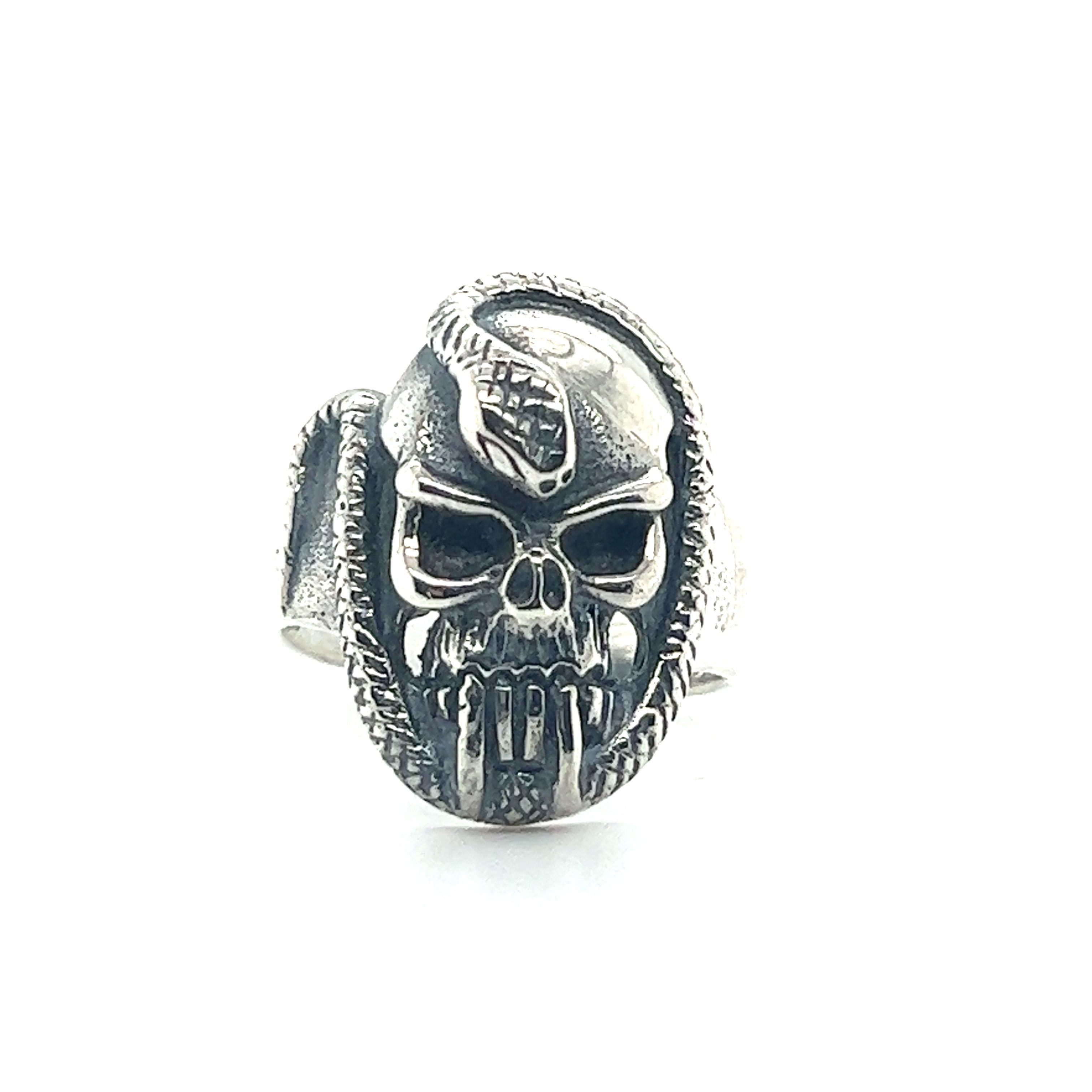 A Super Silver Skull Ring with Intertwined Snake engraving.