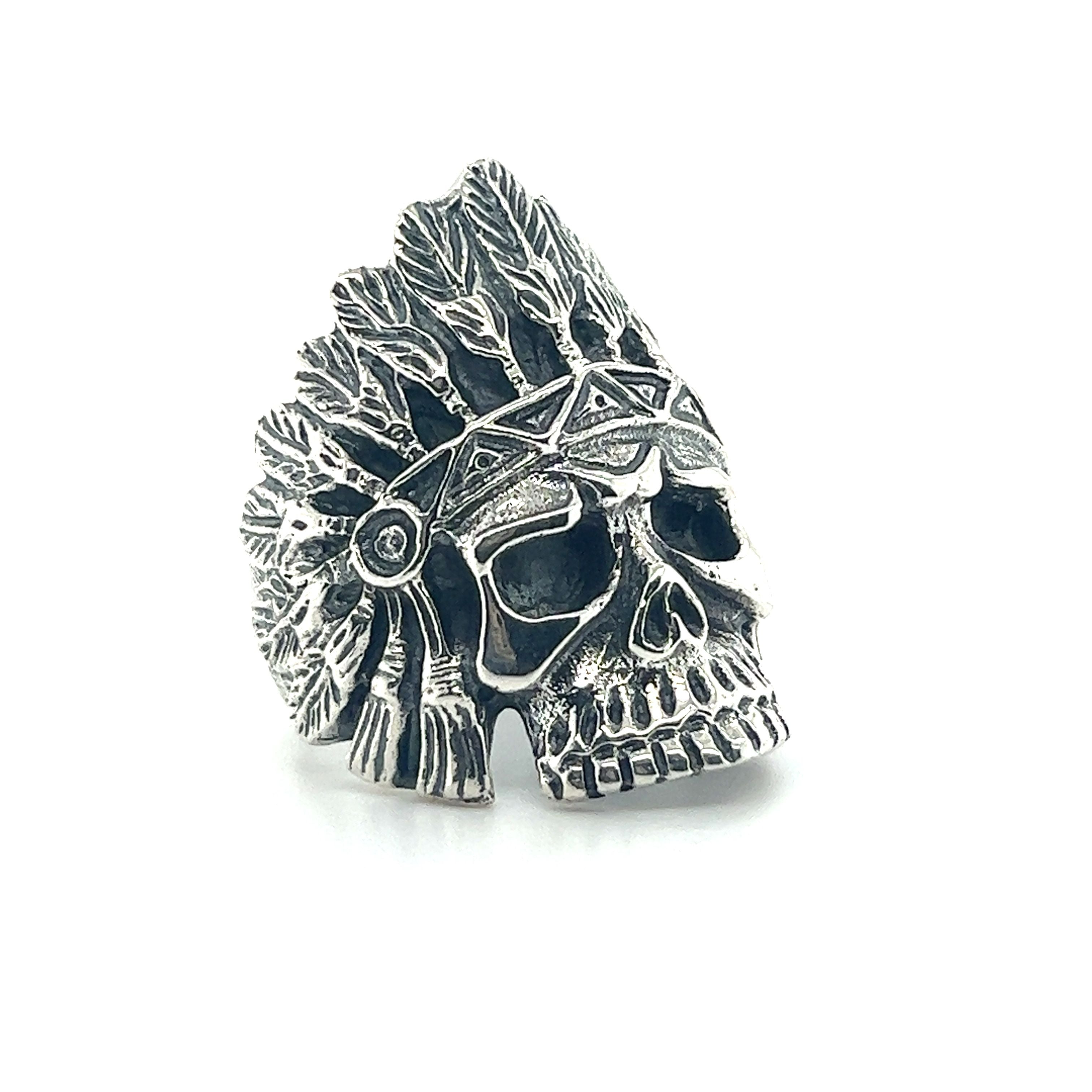 A men's Chief Skull Ring featuring intricate stone inlay and adorned with an Indian headdress.