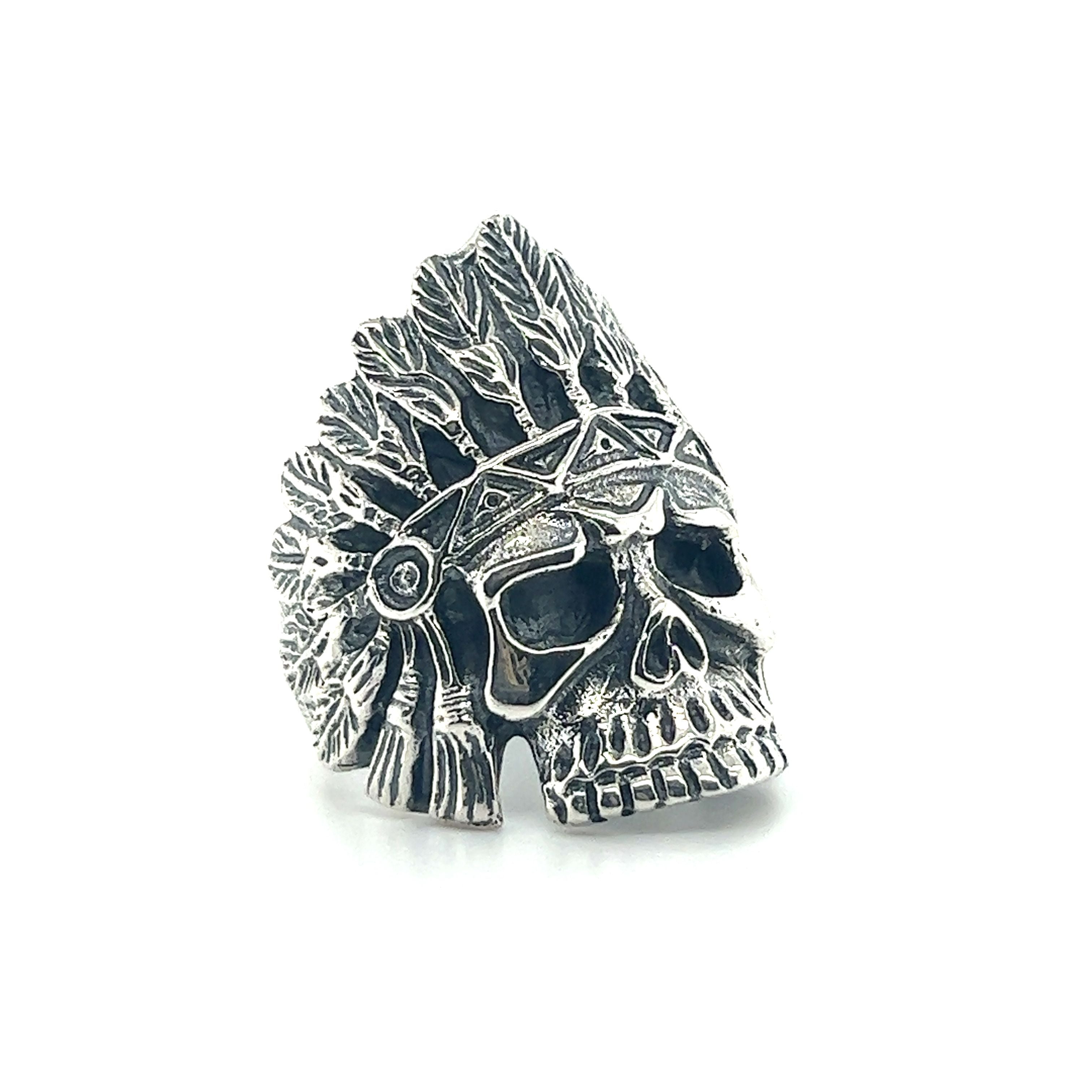 A native inspired Chief Skull Ring featuring a striking indian headdress.