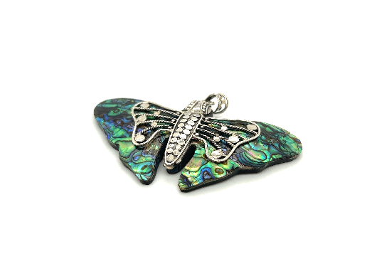 A stunning Large Abalone Butterfly Pendant by Super Silver gracefully displayed on a white background.
