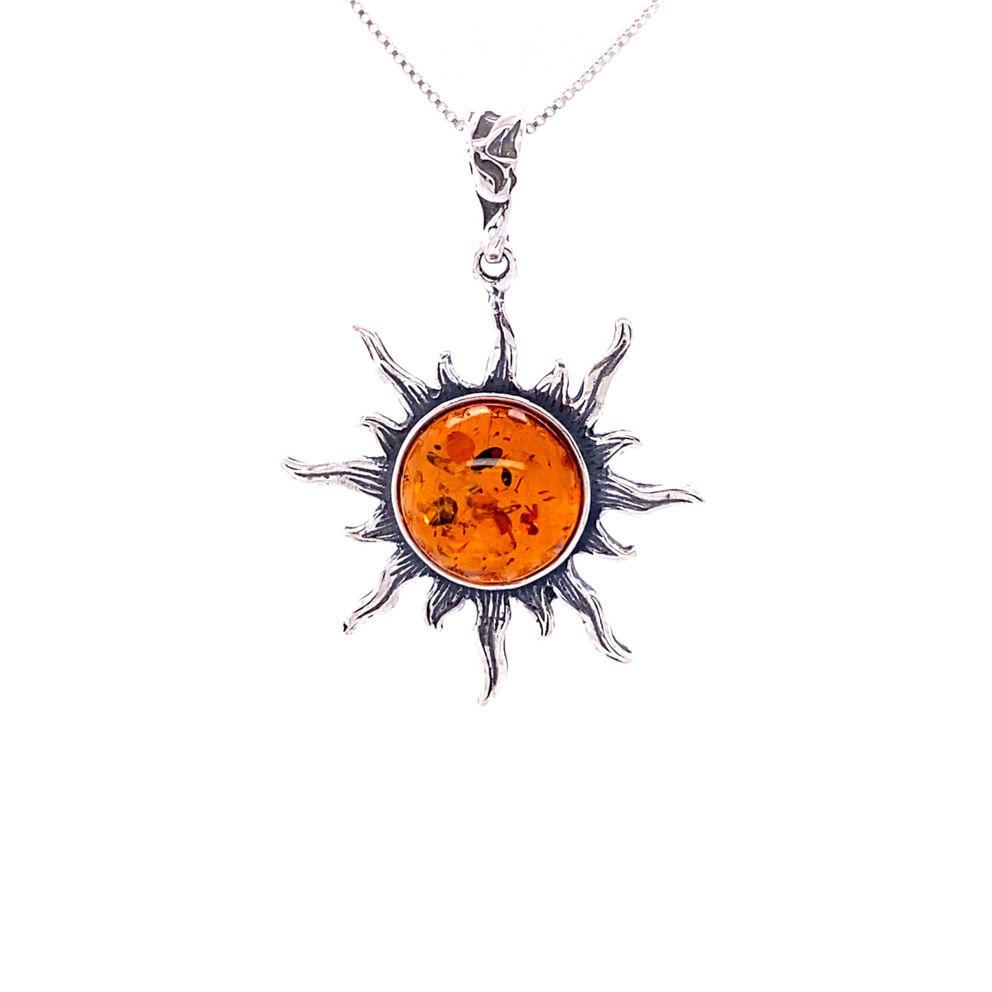 A necklace with a Radiant Amber Sun Pendant on a Super Silver chain.
