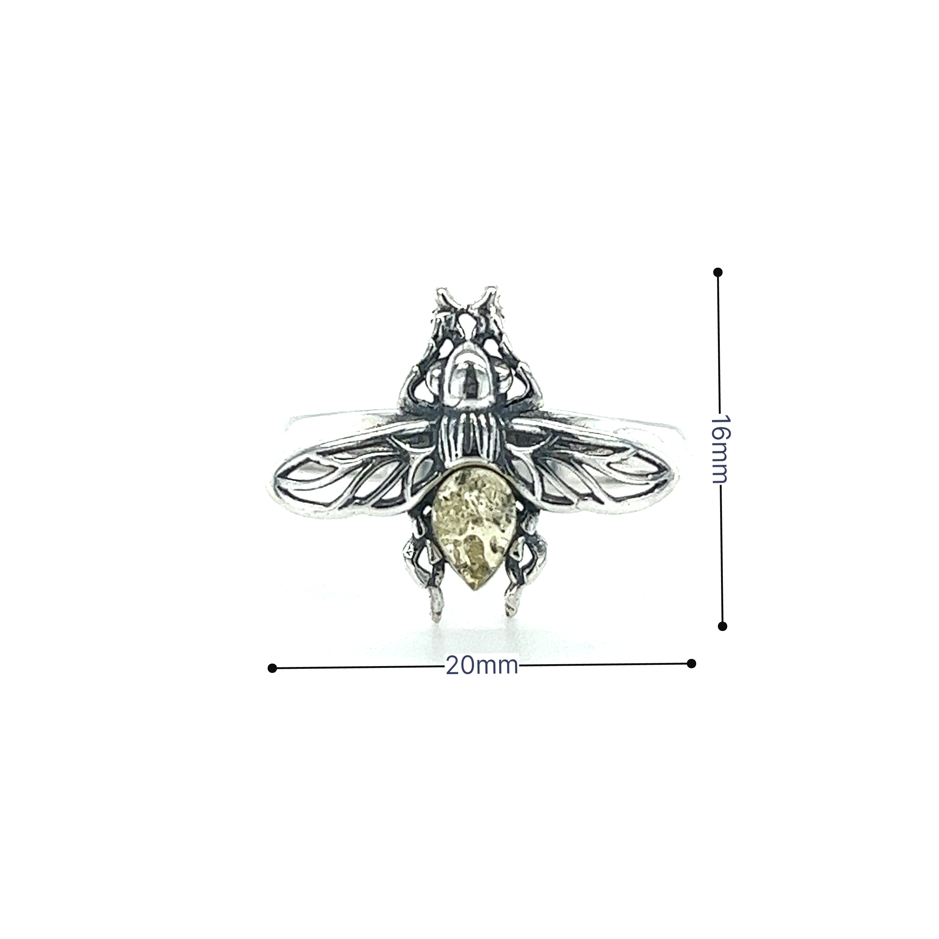 A Detailed Baltic Amber Bee Ring from Super Silver with a honey bee on it.