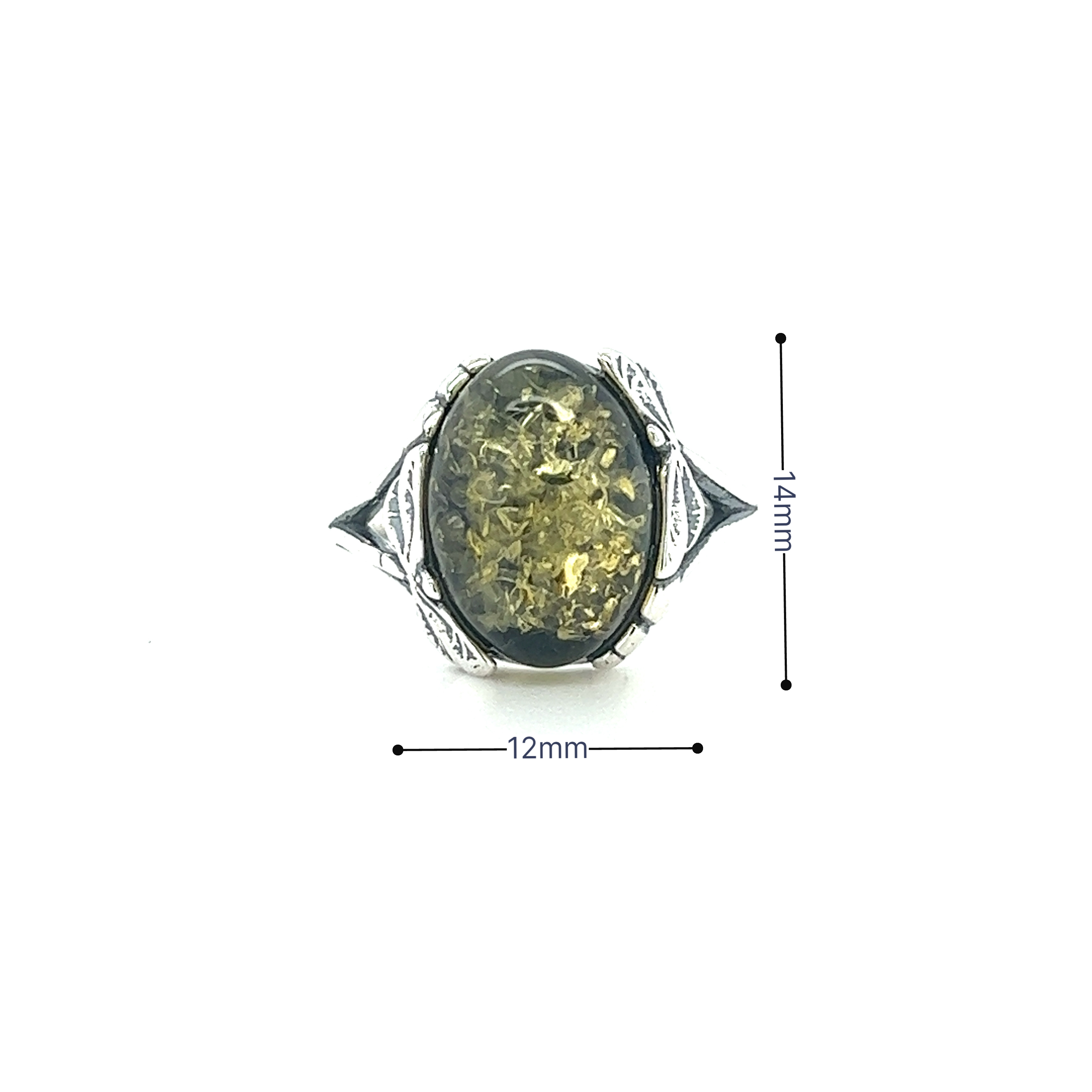 A Super Silver Dragonfly Band Amber Ring with an oval Baltic amber stone.