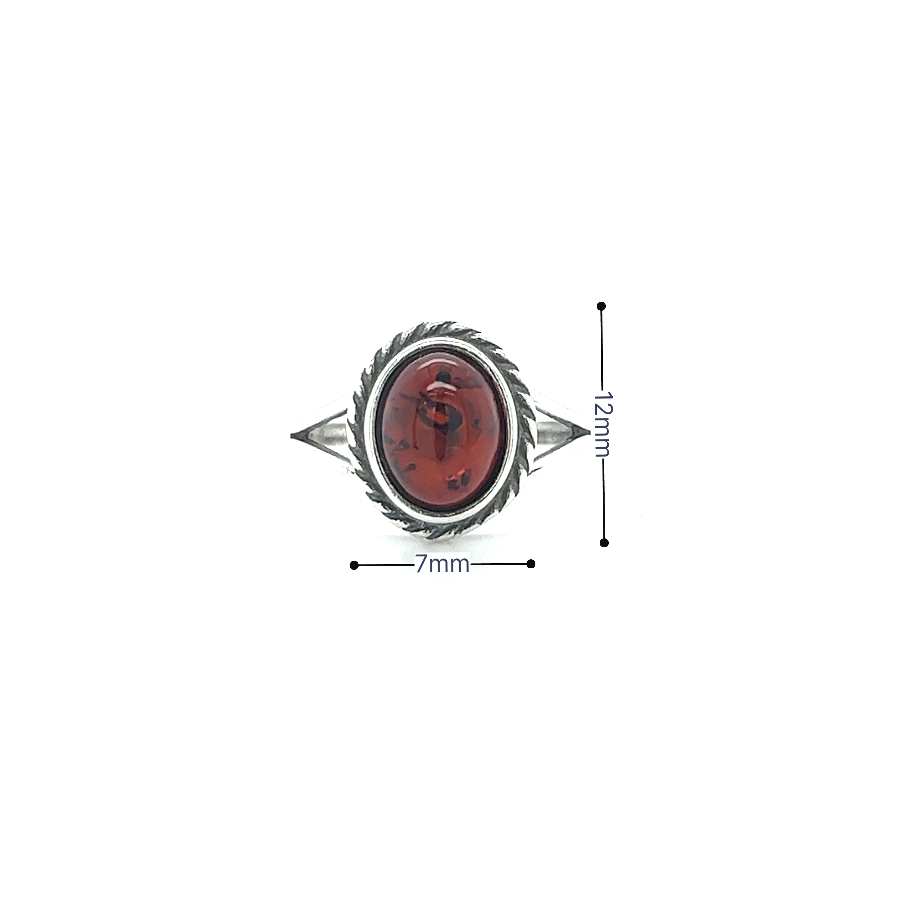 A Timeless Baltic Amber Ring with Twisted Border from Super Silver, with a red stone in the middle.