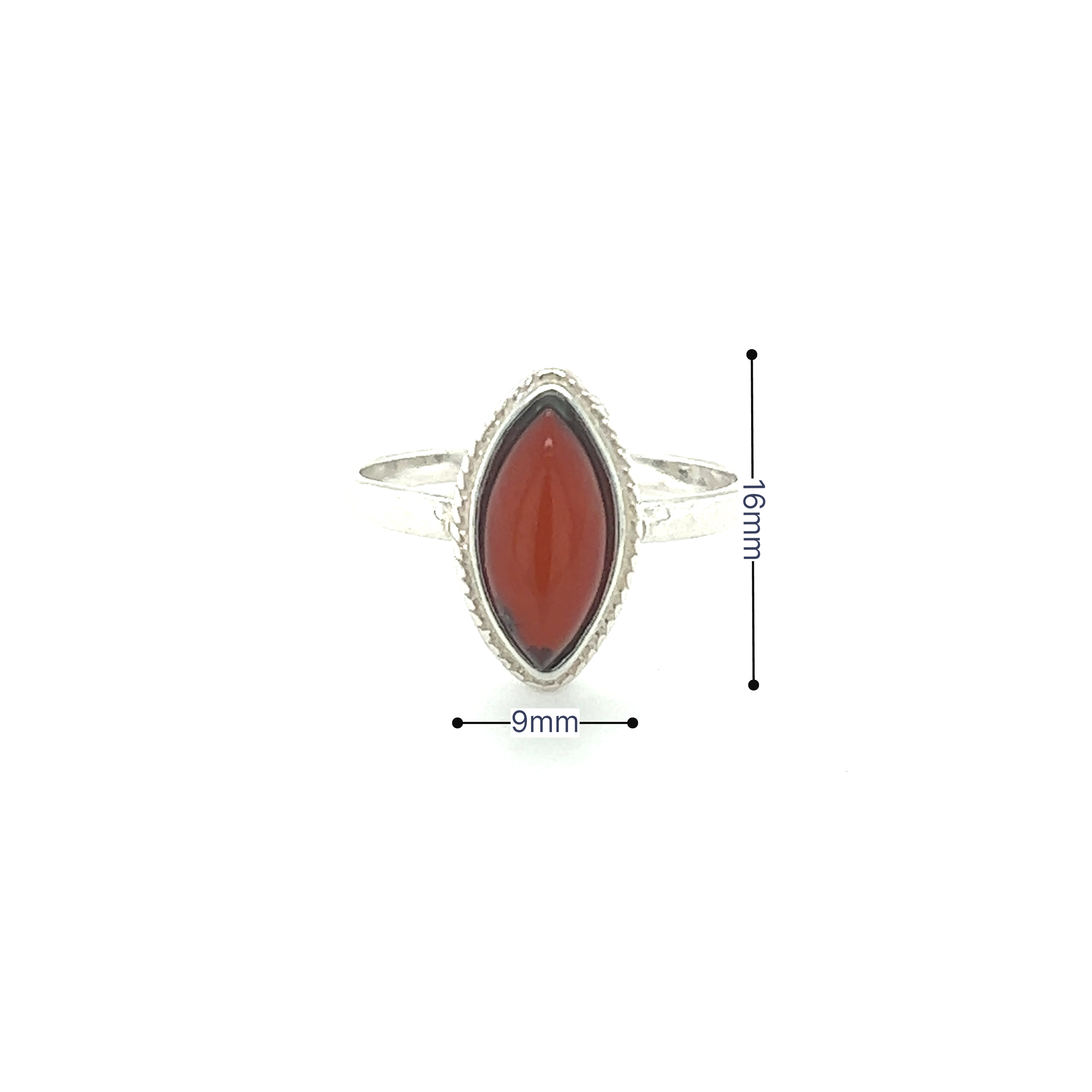 A Super Silver Marquise Baltic Amber Ring with Delicate Rope Border, with a marquise-shaped red stone in the middle.