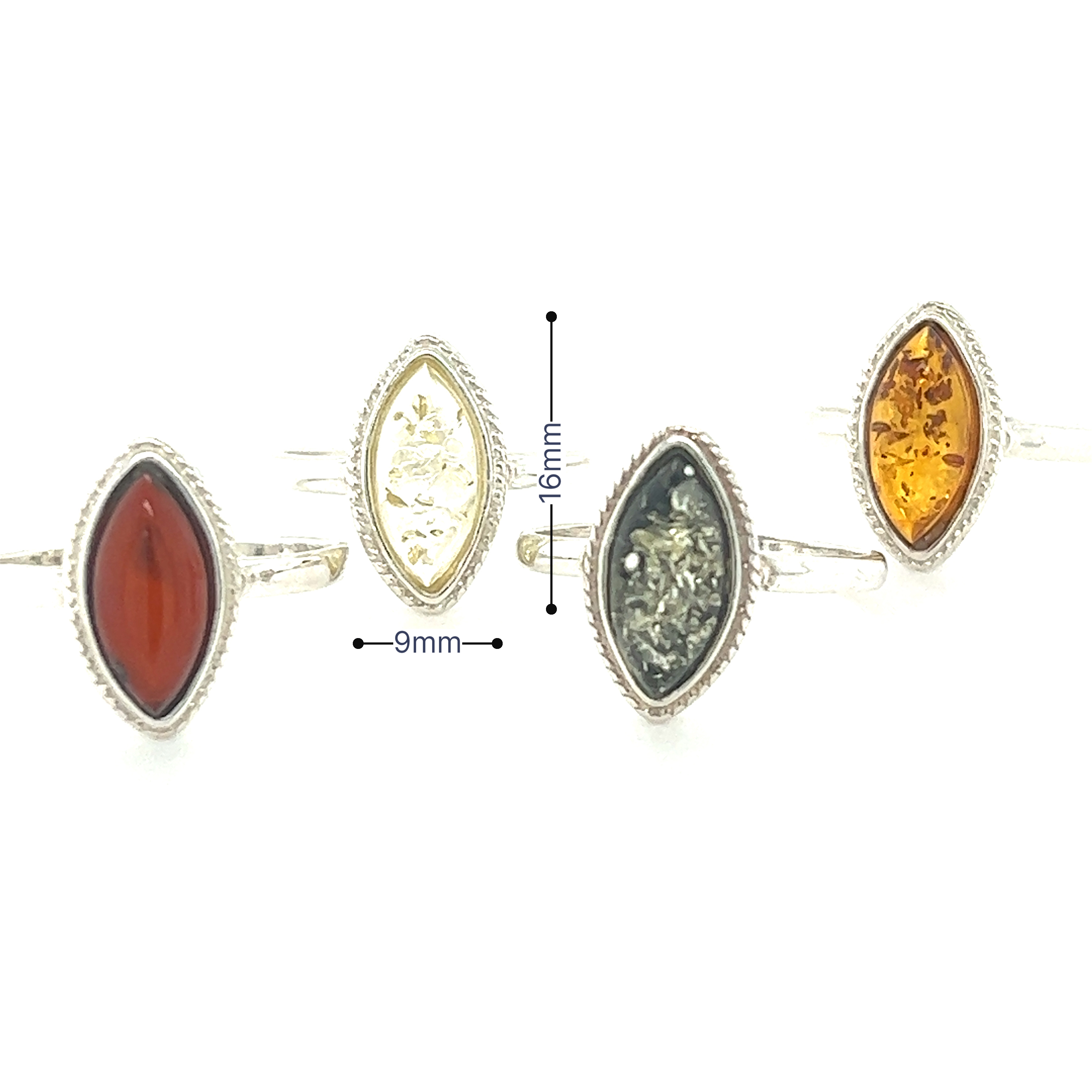 A set of three Marquise Baltic Amber Rings with Delicate Rope Border adorned with Super Silver amber stones.