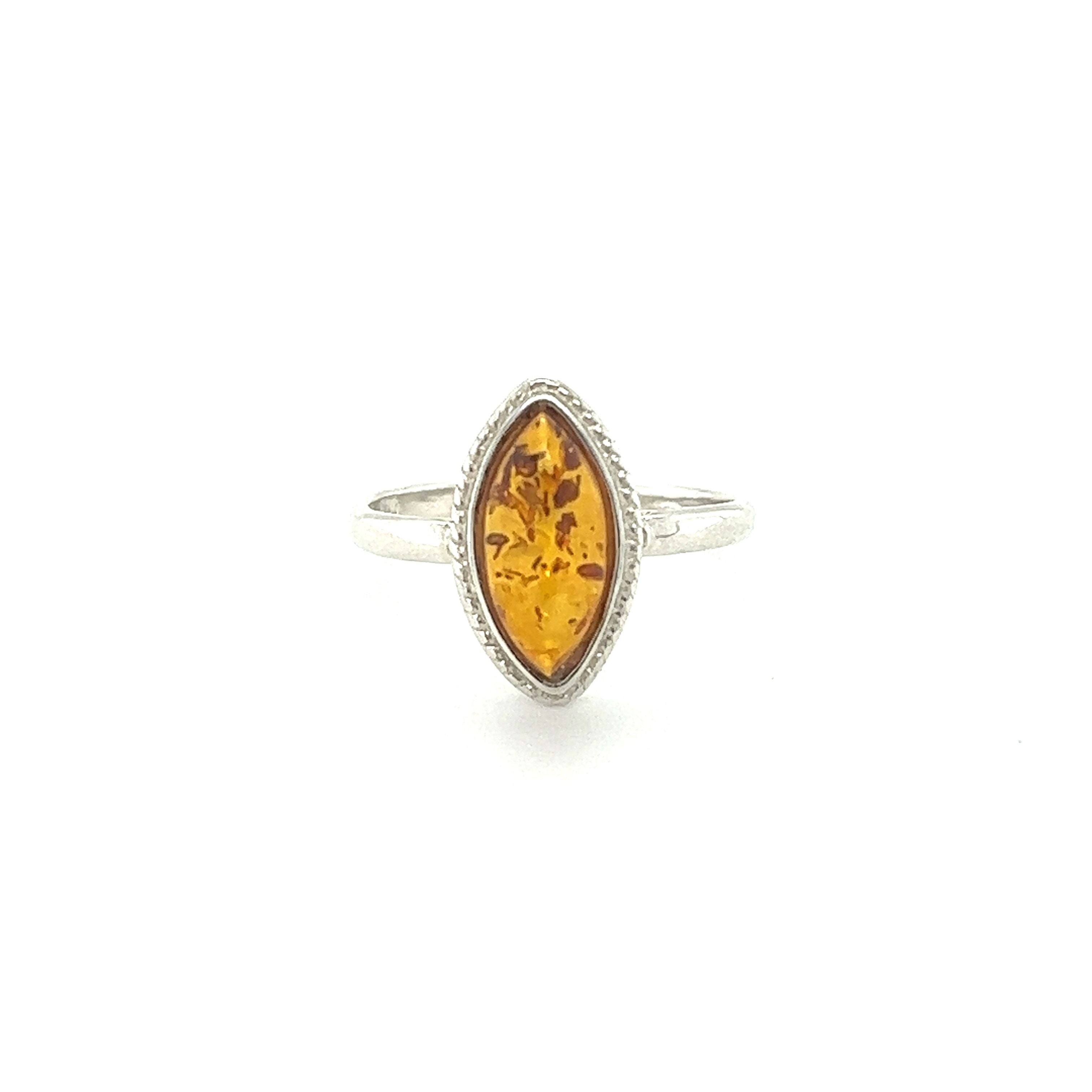 This Marquise Baltic Amber Ring with Delicate Rope Border from Super Silver features an exquisite amber stone, making it a stunning piece of amber jewelry.