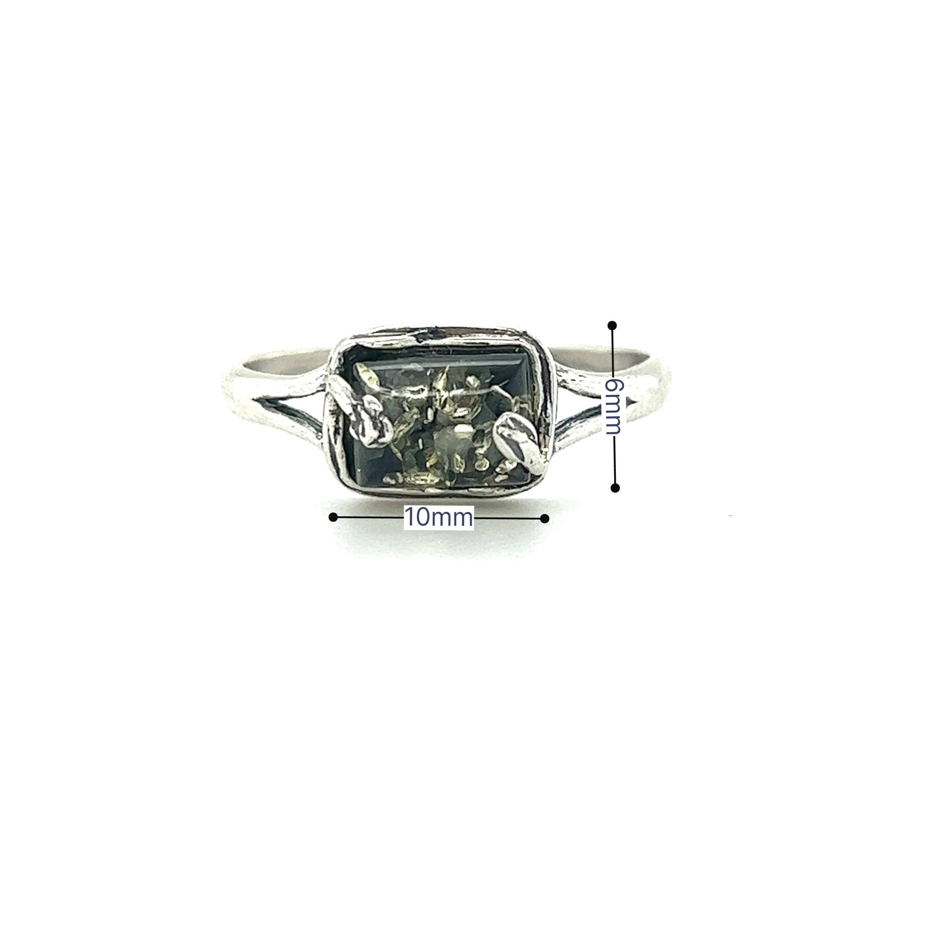 A Rectangle Amber Ring with Nature Detailing from Super Silver with a diamond in the middle.