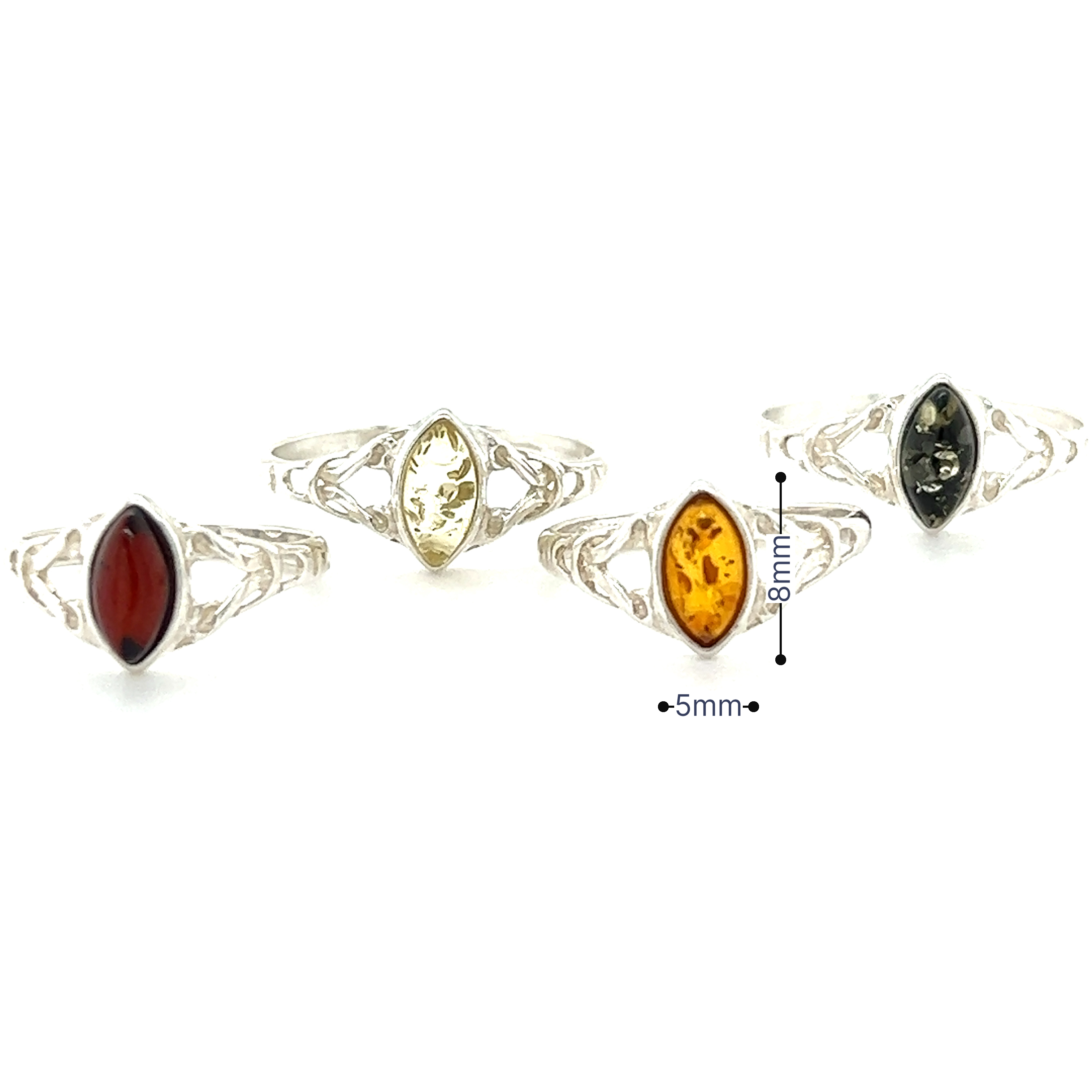 A Delicate Celtic Inspired Amber Ring adorned with Baltic amber stones, promoting healing and spiritual growth, by Super Silver.