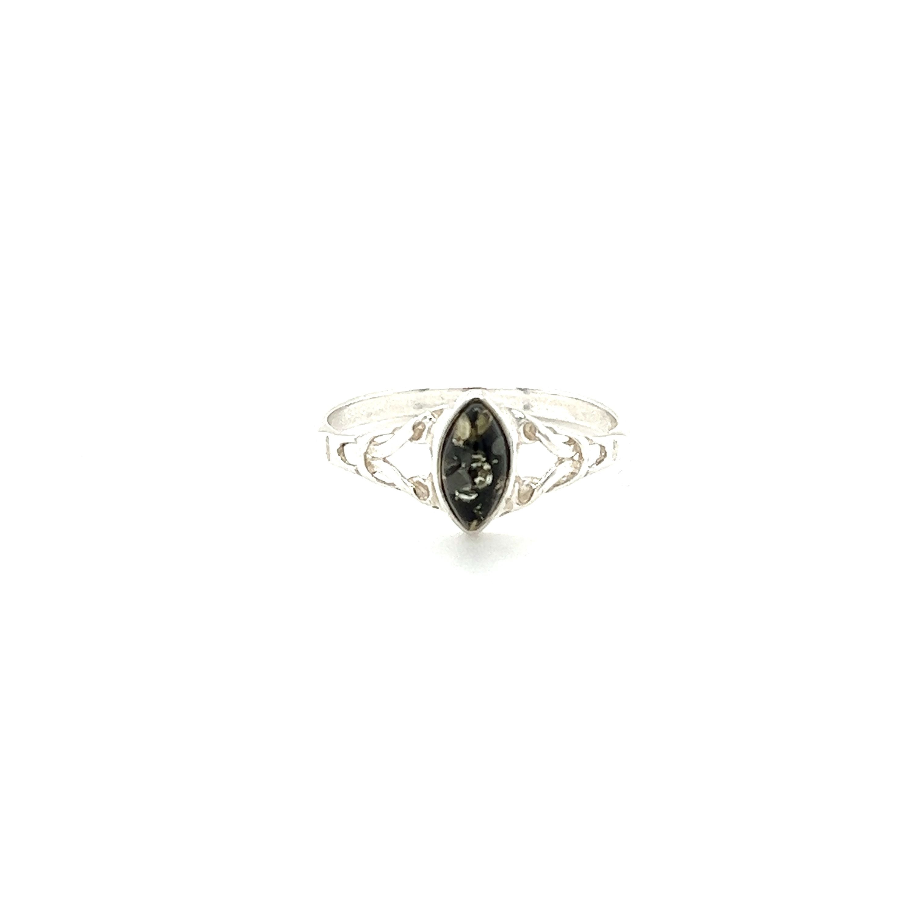 Description: The Delicate Celtic Inspired Amber Ring by Super Silver, a perfect sterling silver ring with a black stone, is ideal for healing and spiritual growth.