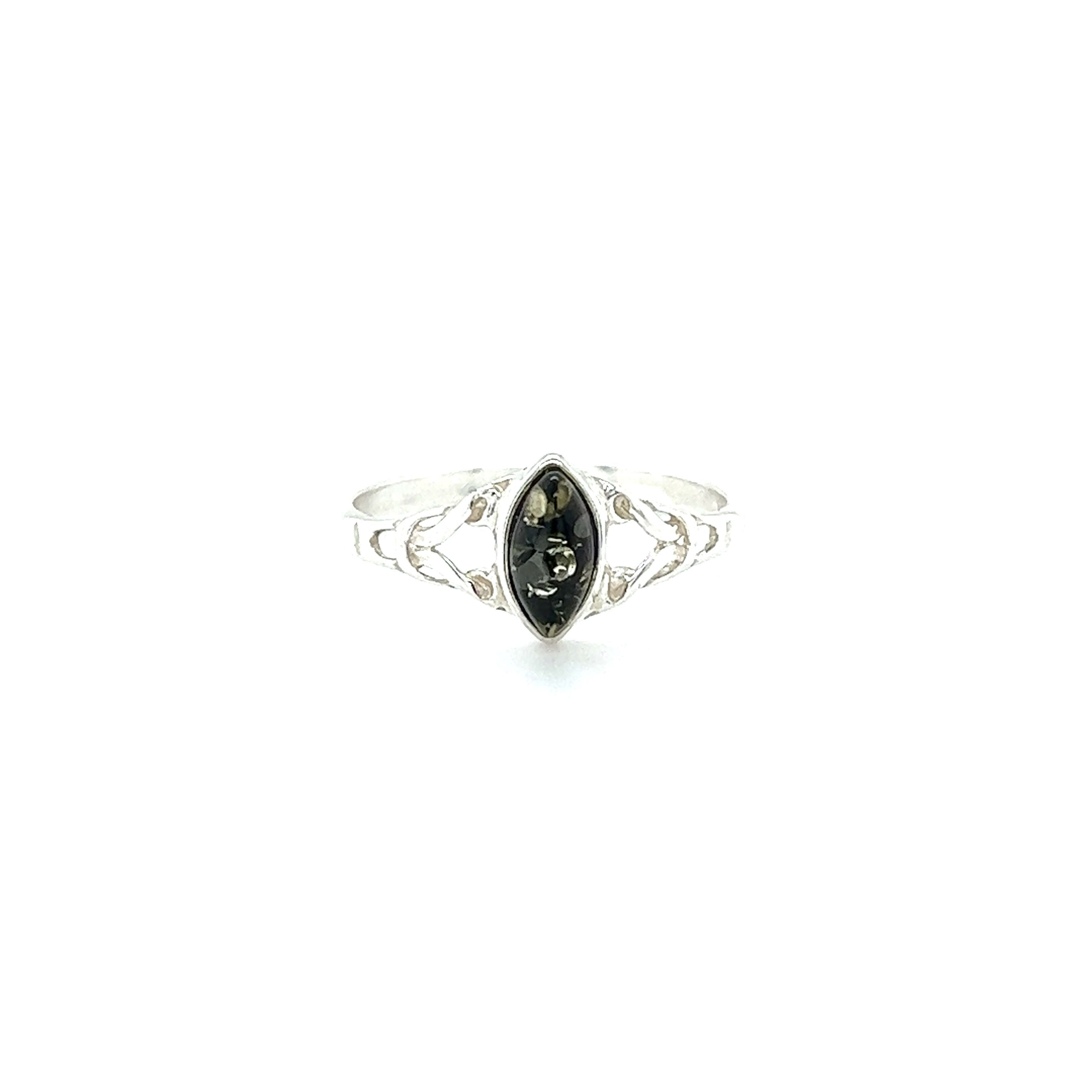 A Super Silver Delicate Celtic Inspired Amber Ring, perfect for healing and spiritual growth.
