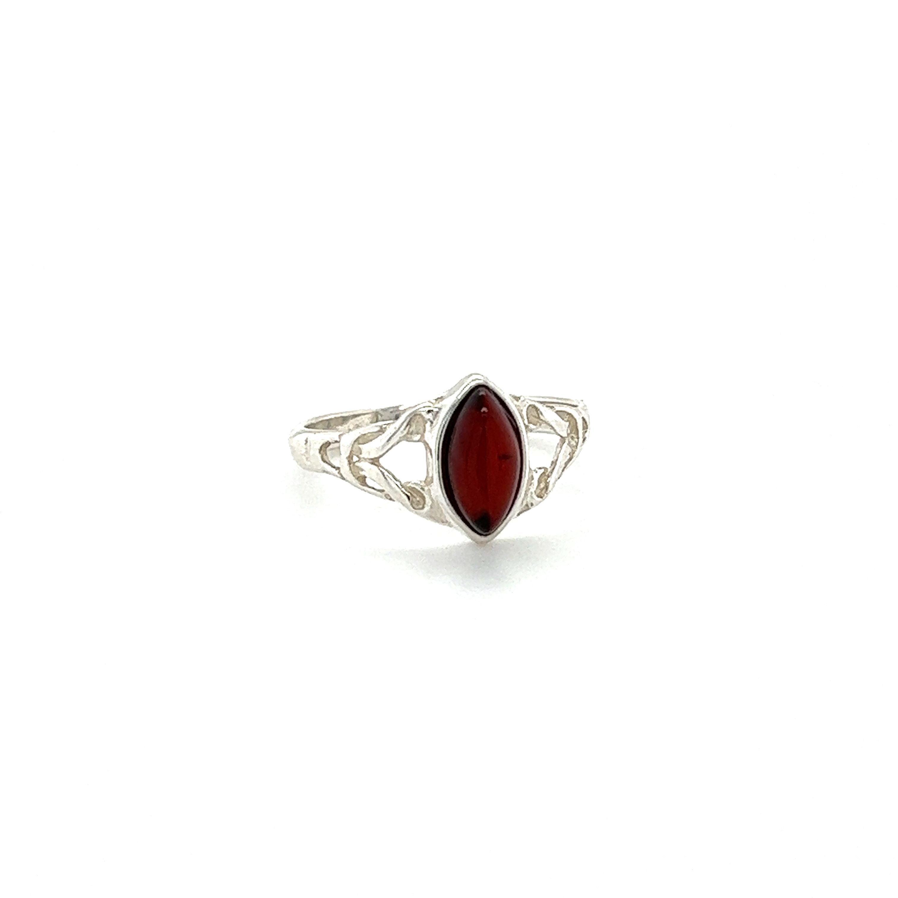 Elevate your spiritual growth with our exquisite Super Silver Delicate Celtic Inspired Amber ring featuring a captivating red stone. This healing accessory invites positive energy into your life, making it the perfect addition to your collection of .