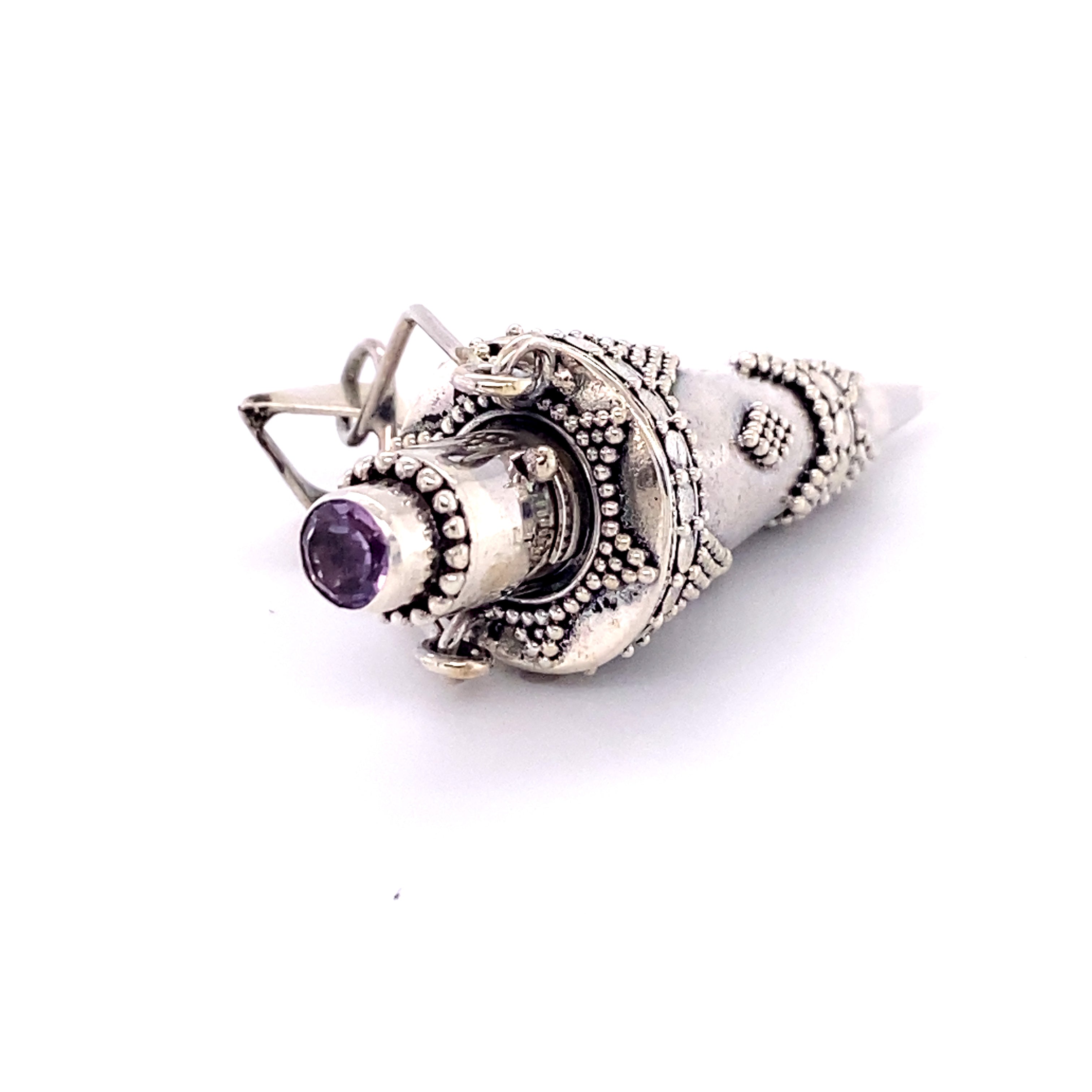 An Ornate Stone Poison Pendant with a purple stone from Super Silver.