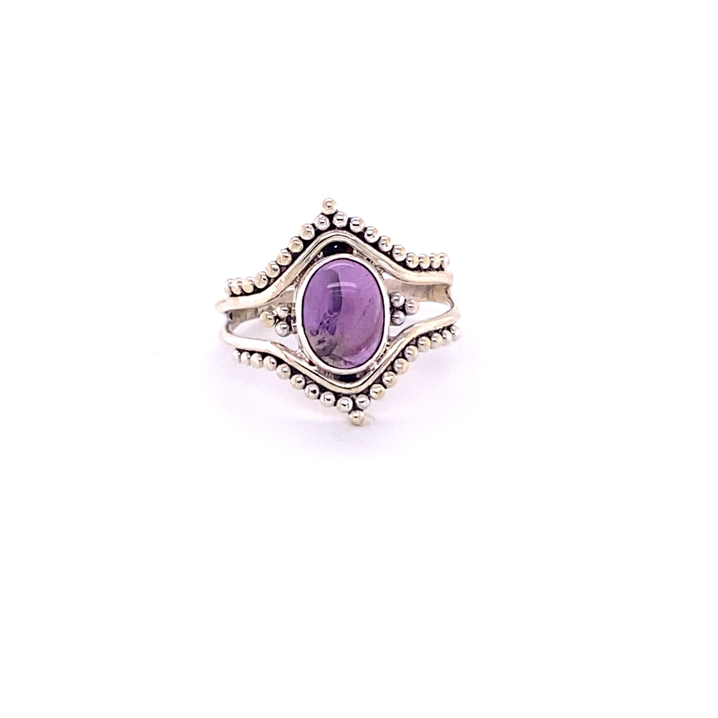 Double Chevron Gemstone Ring with Ball Design in sterling silver.