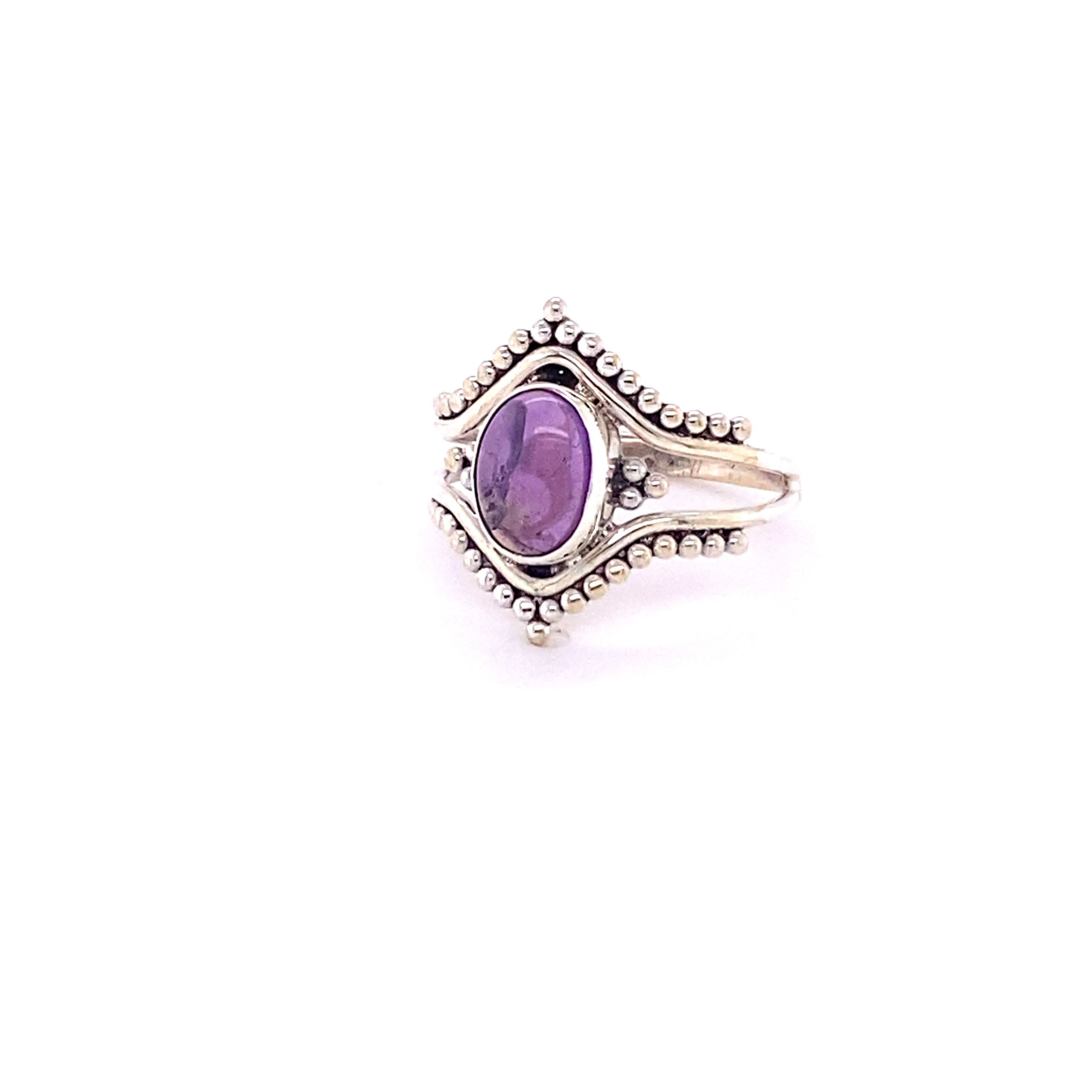 Double Chevron Gemstone Ring with Ball Design inspired amethyst ring crafted in sterling silver.