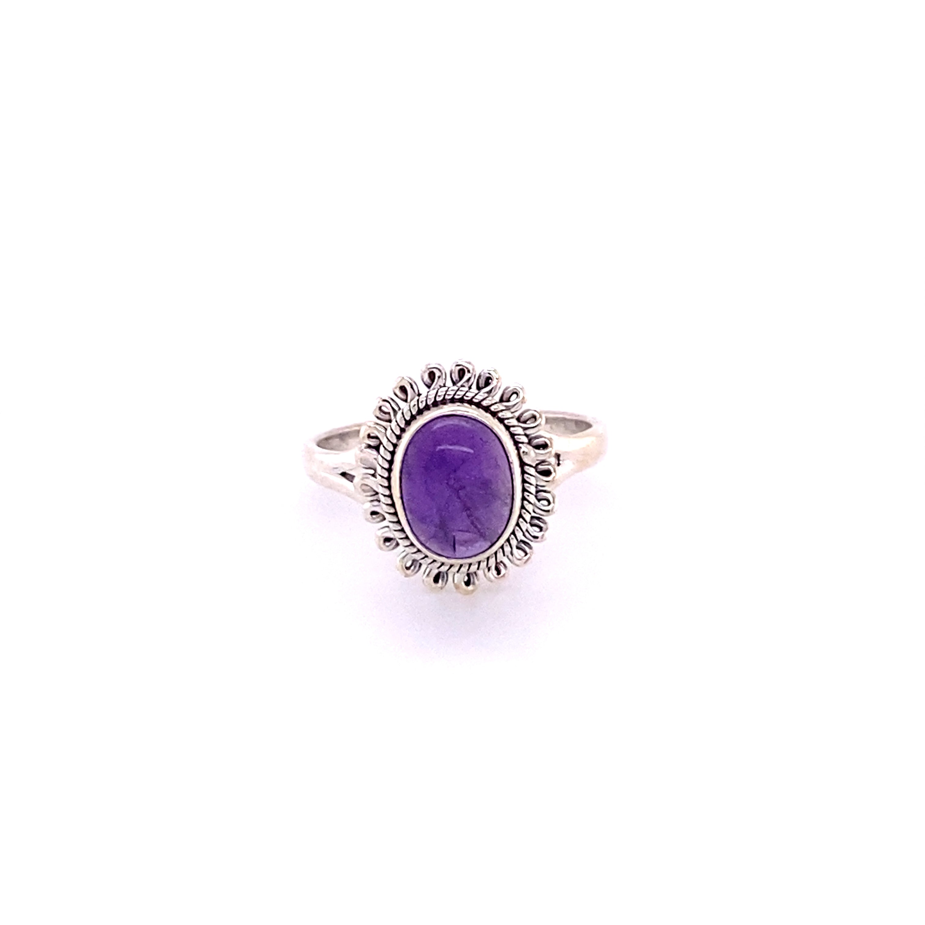 A Super Silver Hippie-Chic Oval Gemstone Flower Ring on a white background.