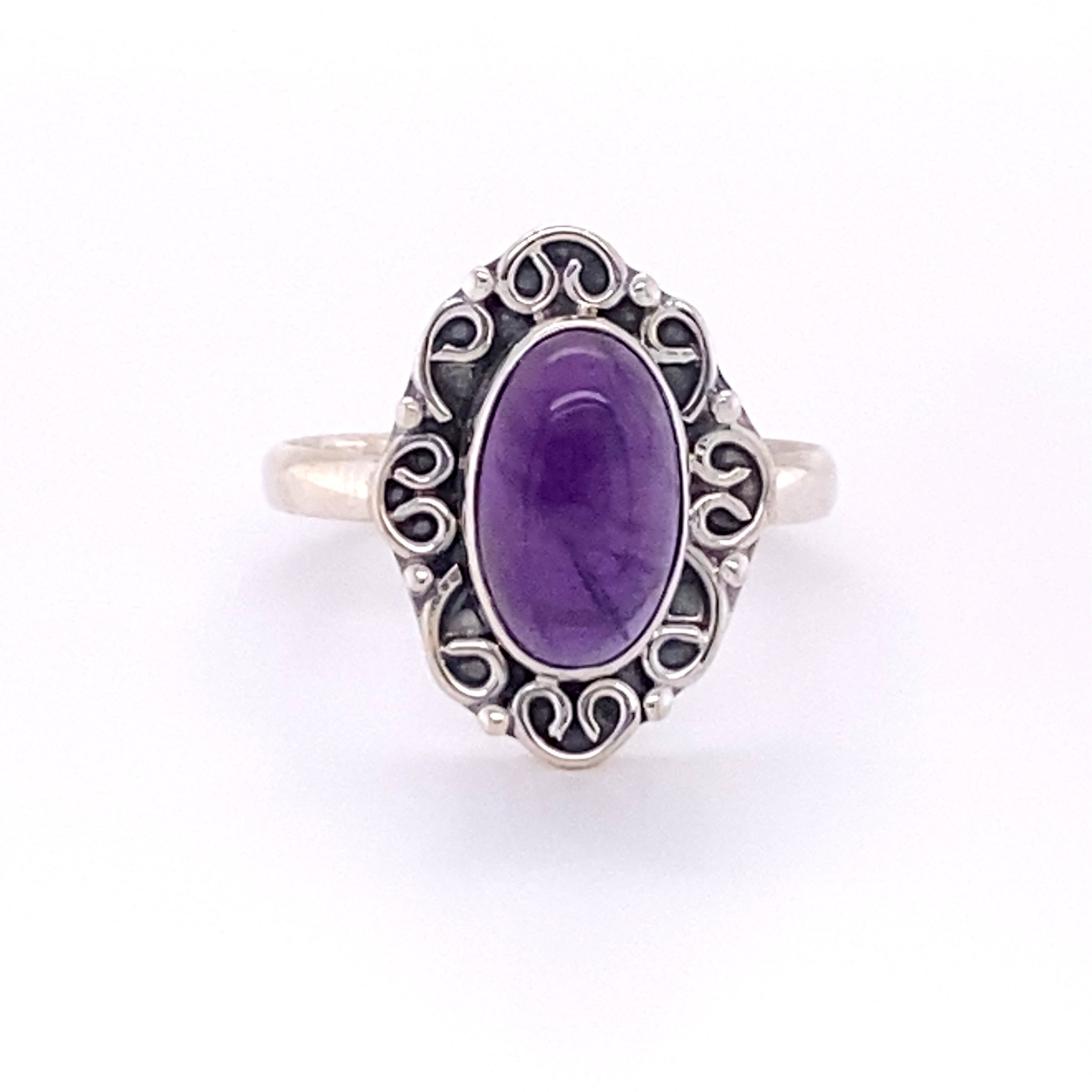 Boho Oval Gemstone Ring with Swirl Filigree Border in sterling silver.
