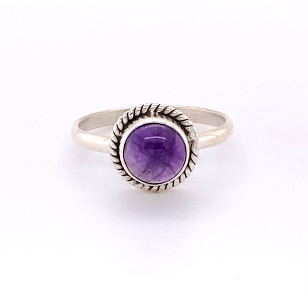 Simple Round Gemstone Ring with Rope Border in sterling silver.
