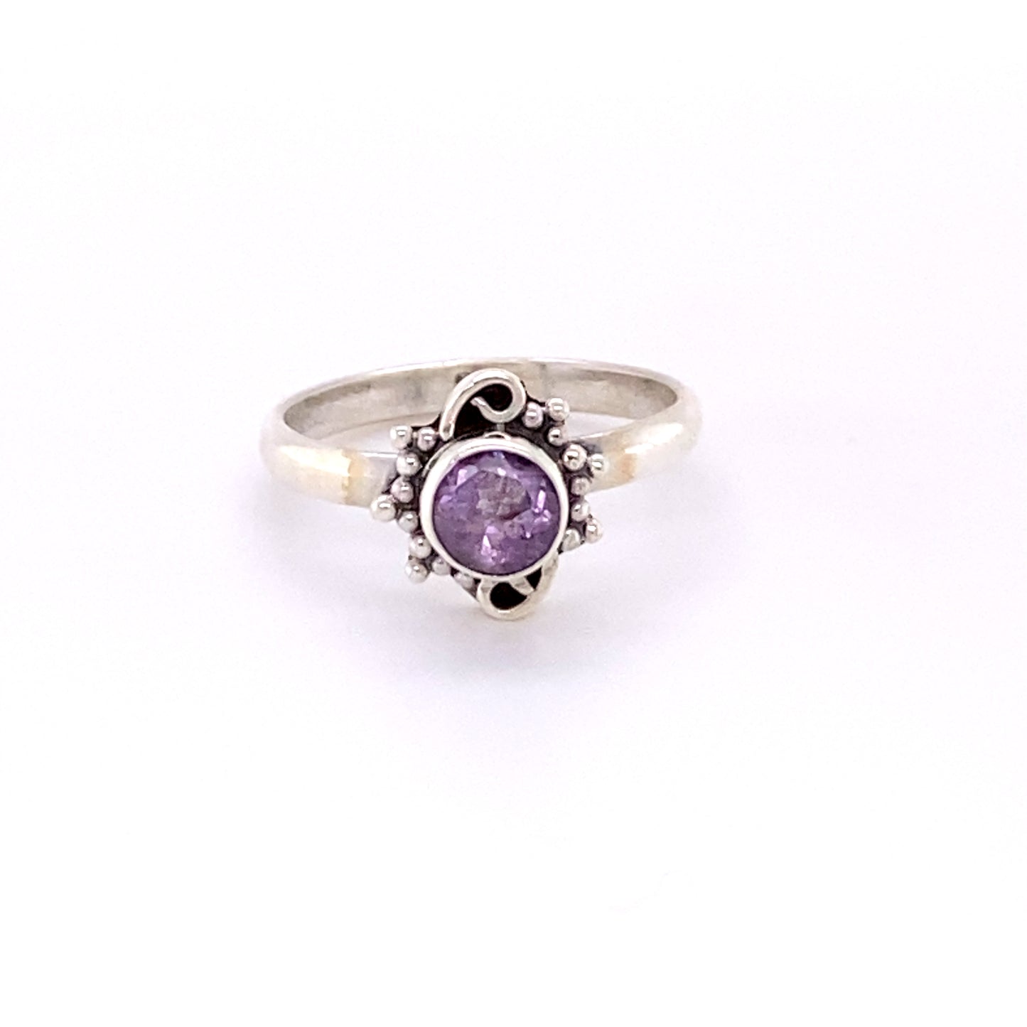 Small Round Gemstone Ring with Bead and Swirl Border in sterling silver.