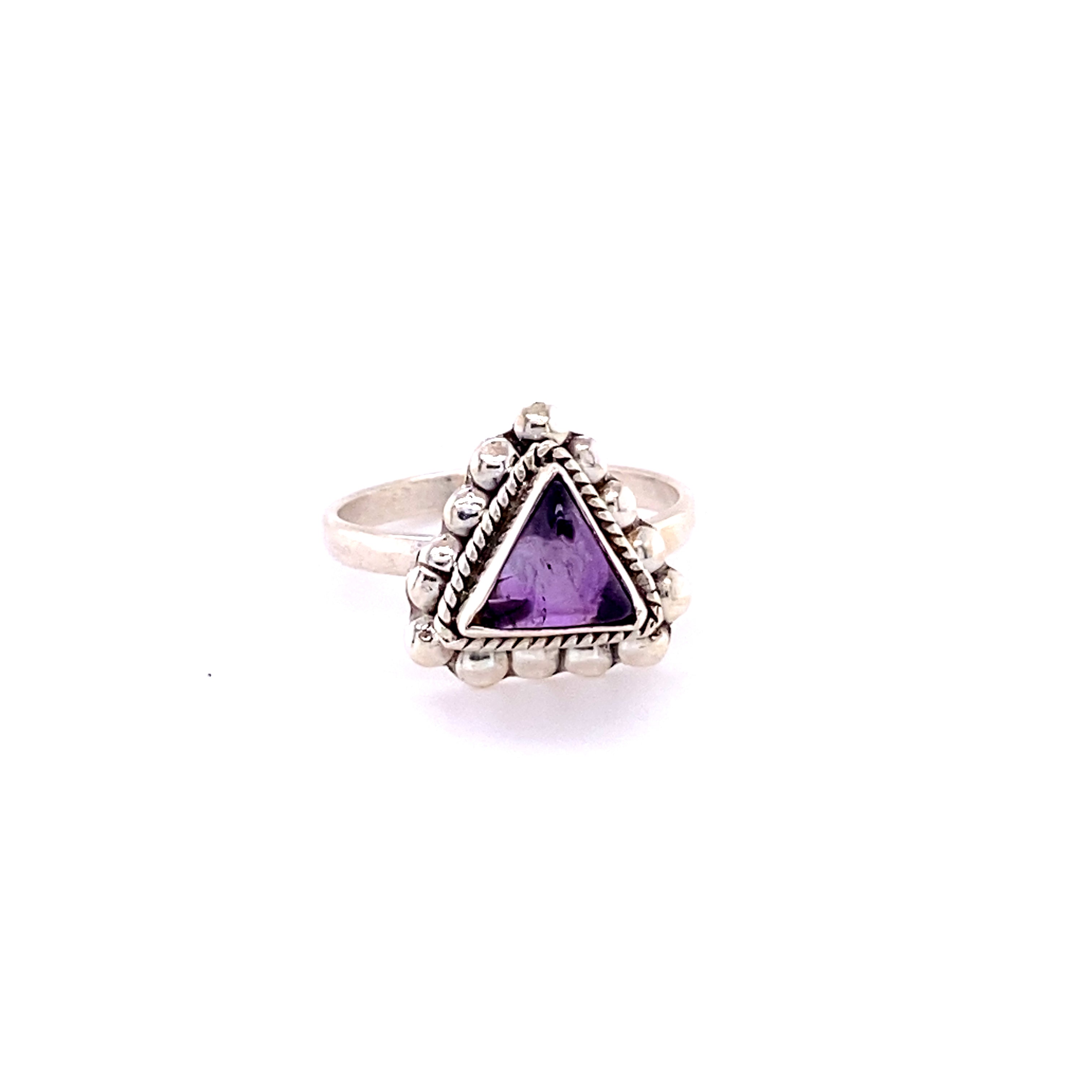 A sterling silver Triangle Gemstone Ring with Beads on a white background.