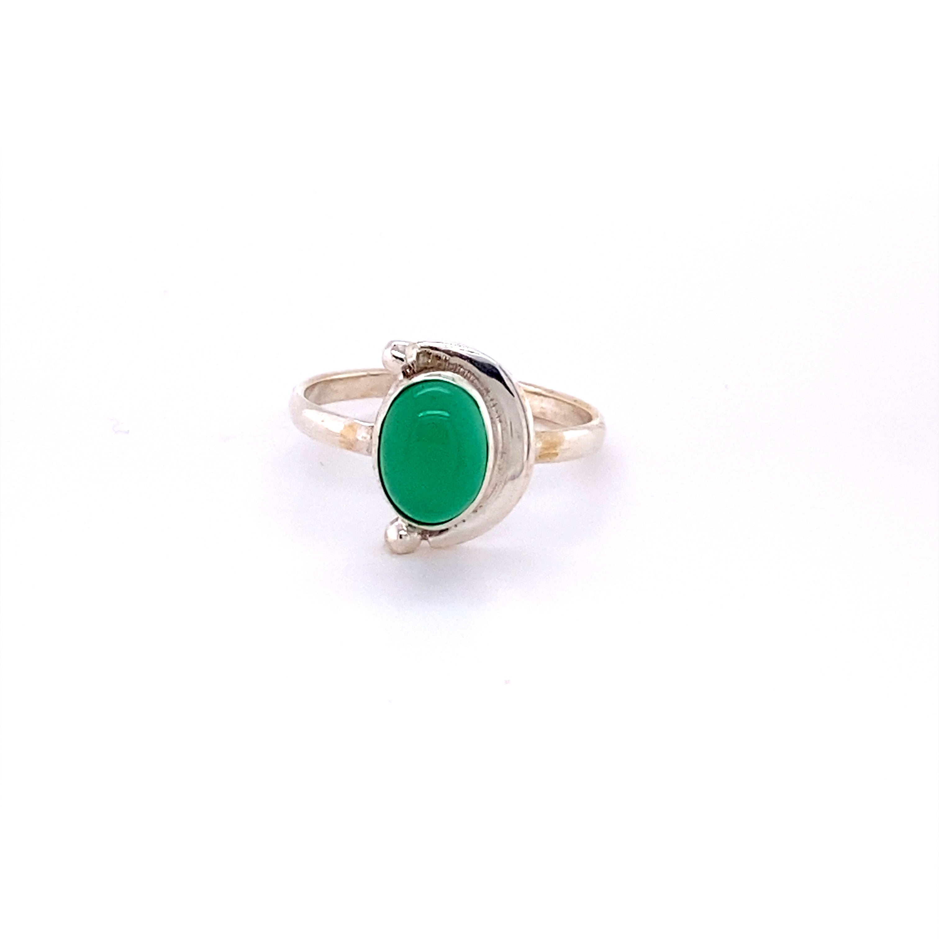 An Oval Crescent Moon Ring with Natural Gemstones on a white background with a hippie vibe.