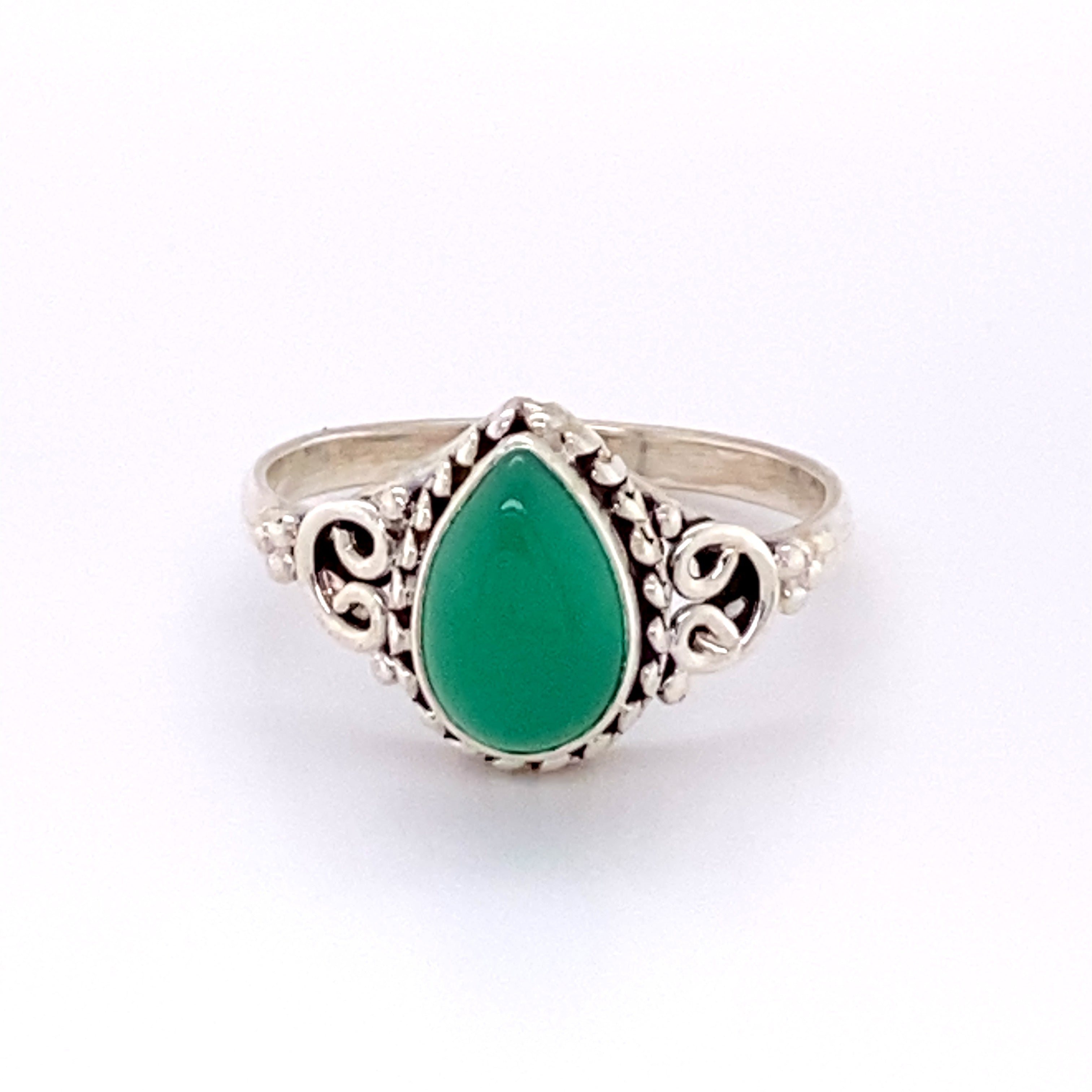A boho Teardrop Gemstone Ring with Intricate Ball Border.