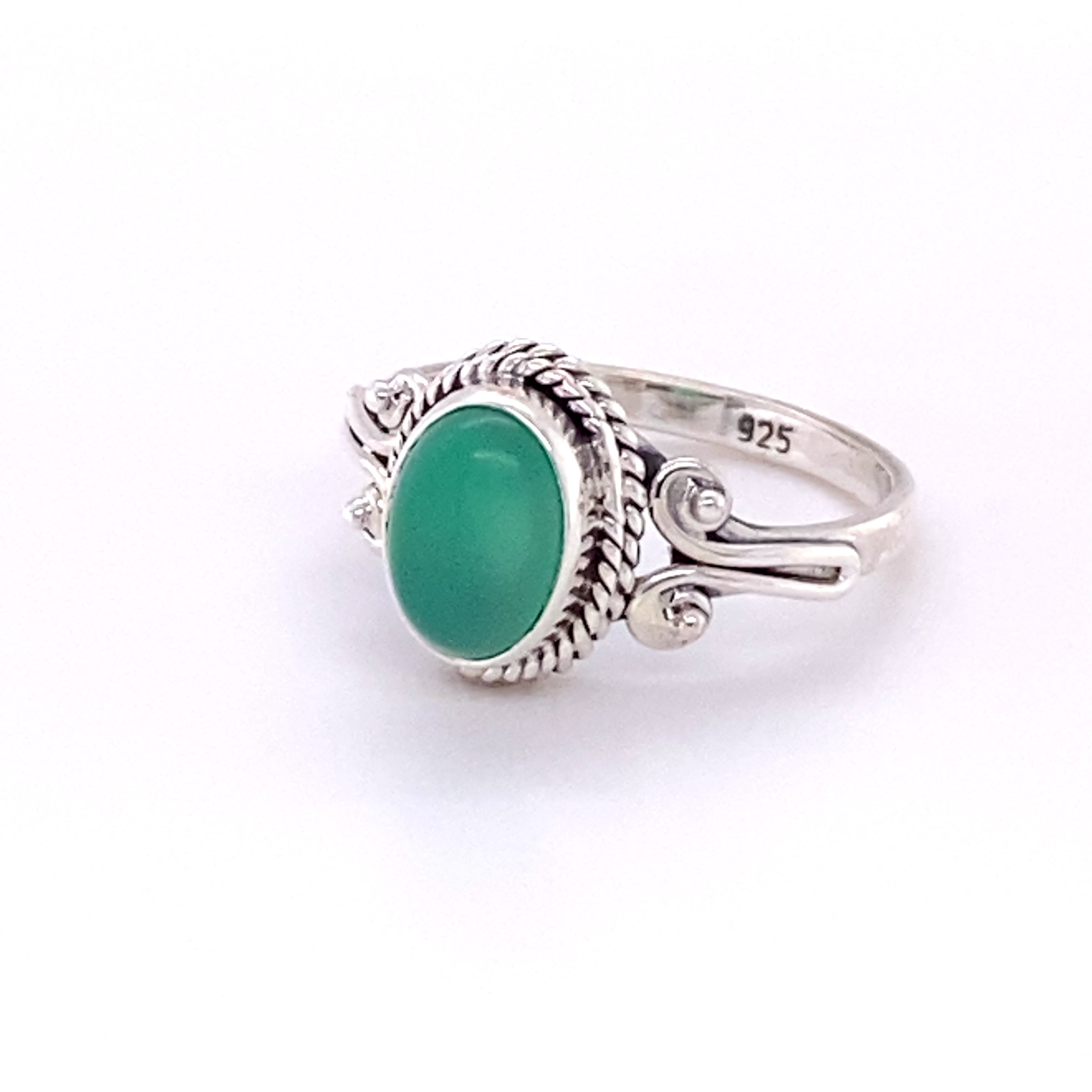 A boho Silver Oval Natural Gemstone Ring with Rope and Long Spiral Border.