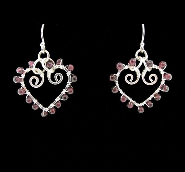 Super Silver's Heart Shaped Dangle Earrings with Garnet Beads.