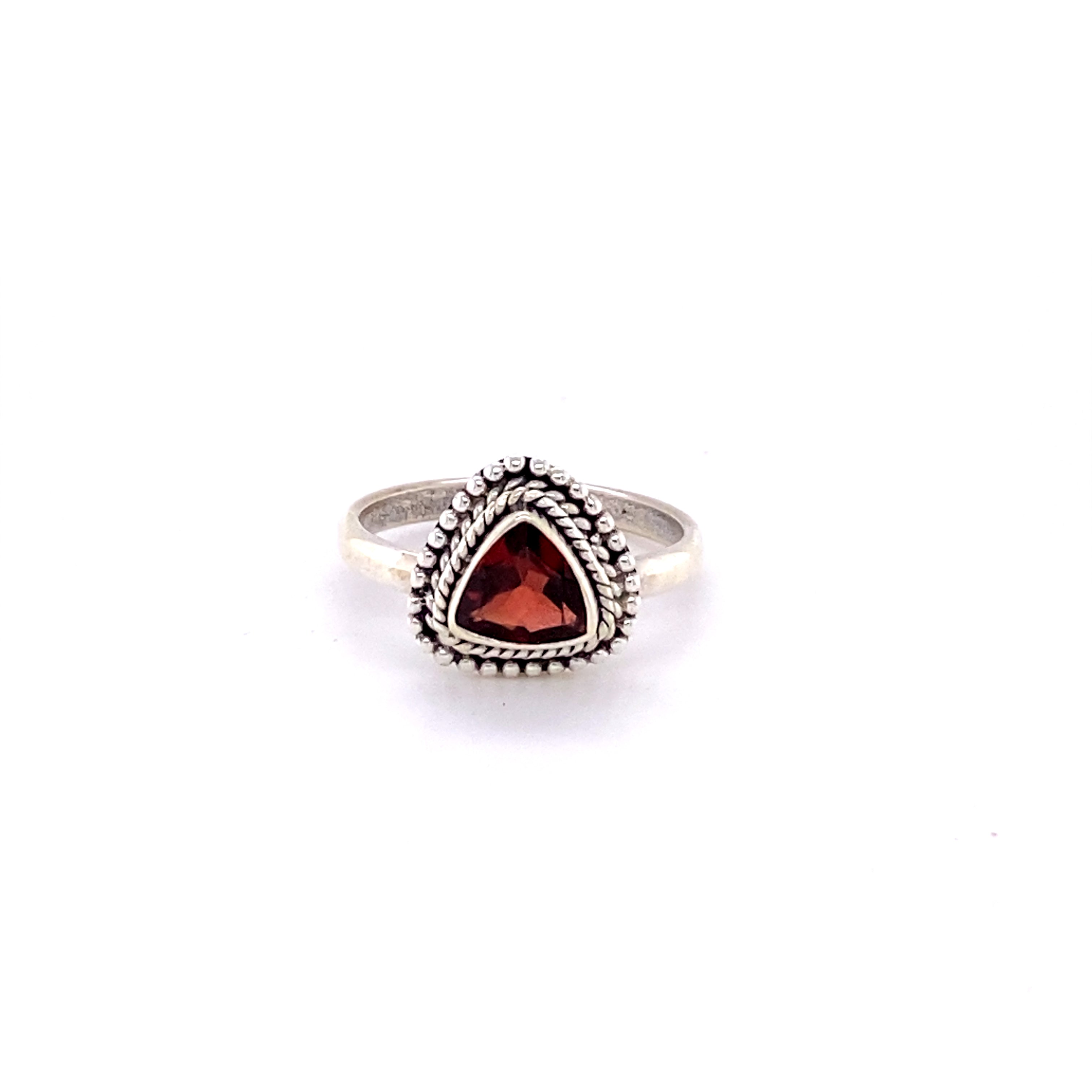 A sterling silver Triangle Gemstone Ring with Rope Border.