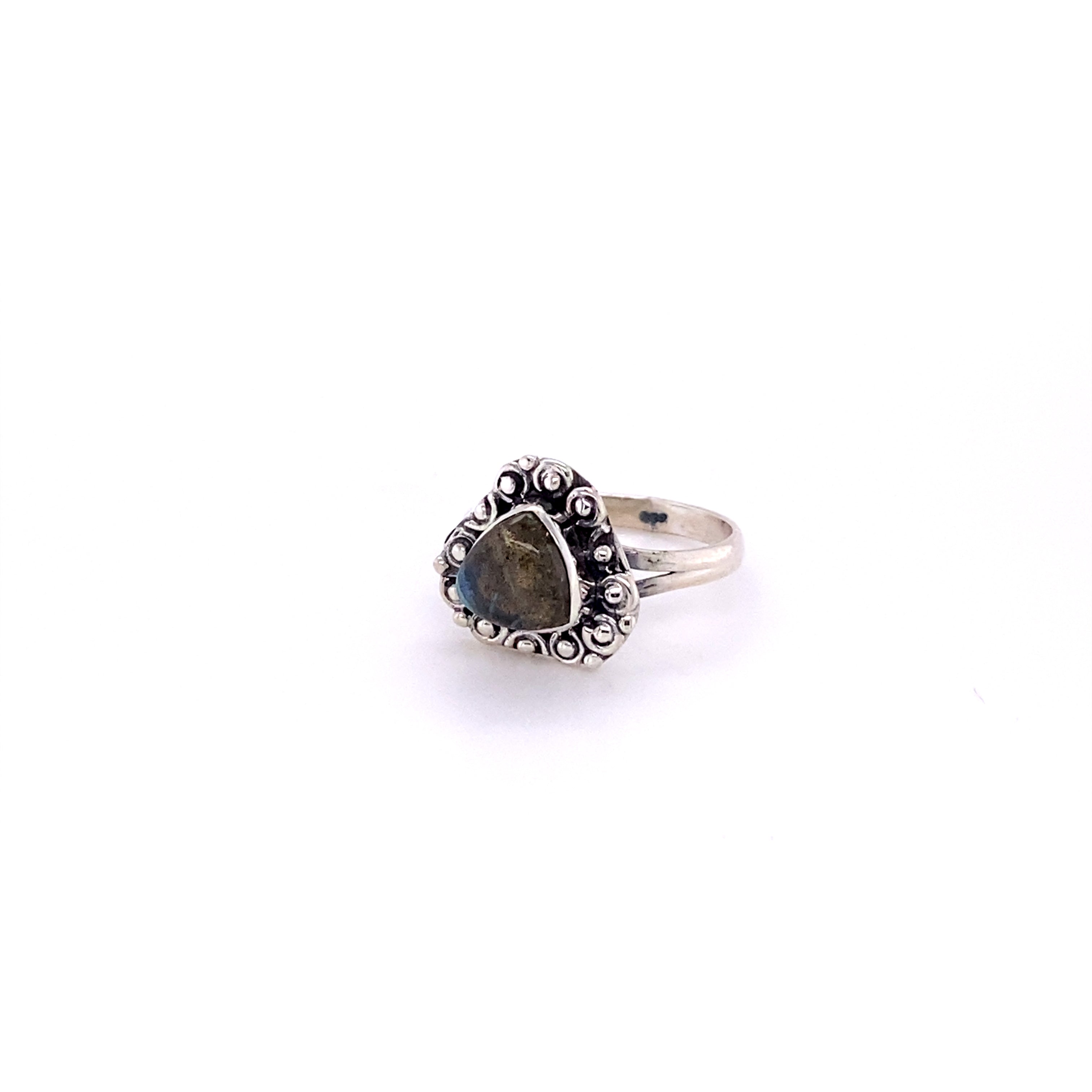 A boho-inspired Triangular Gemstone Ring with A Flat Ball Boarder.