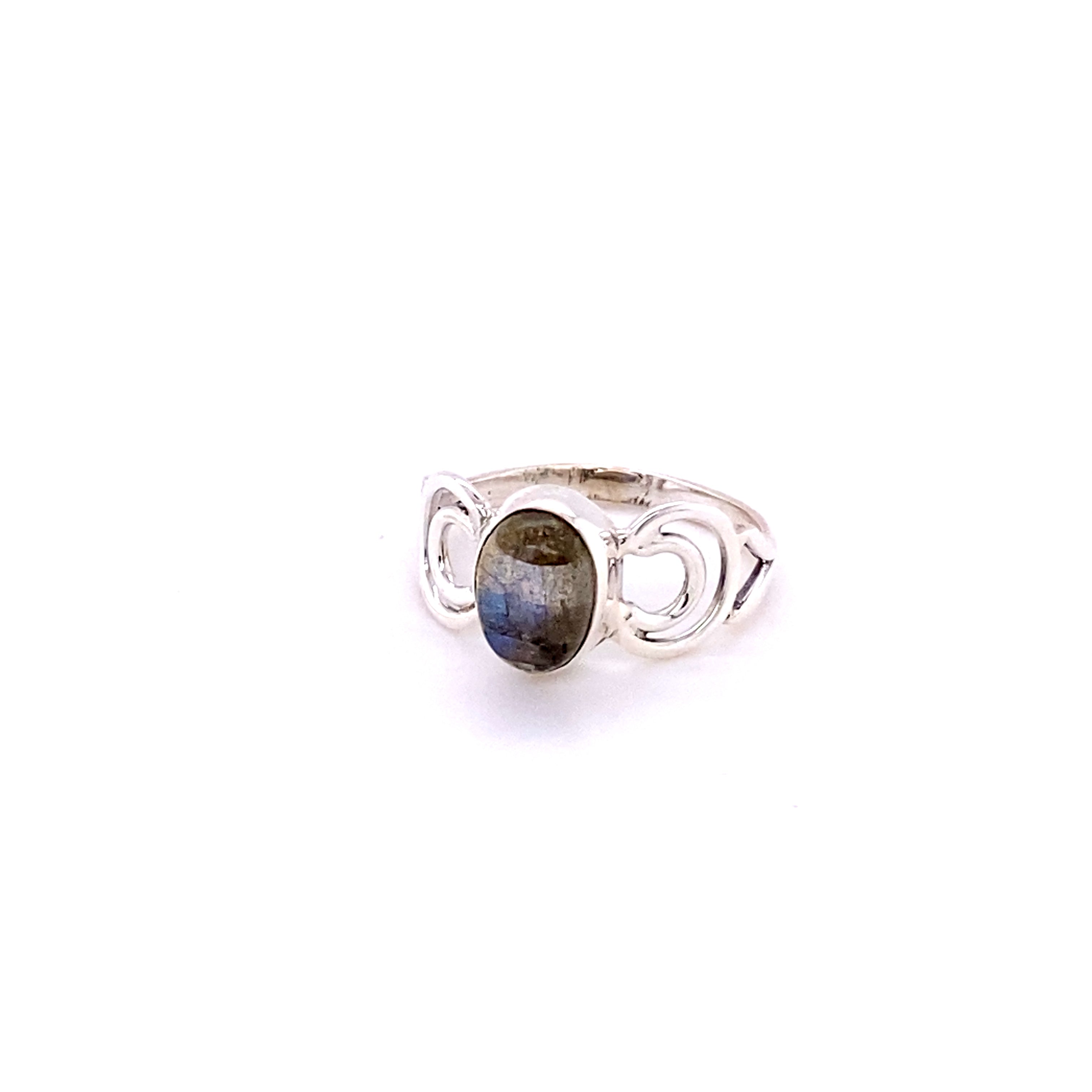Oval Gemstone Ring with Moon Design in sterling silver.