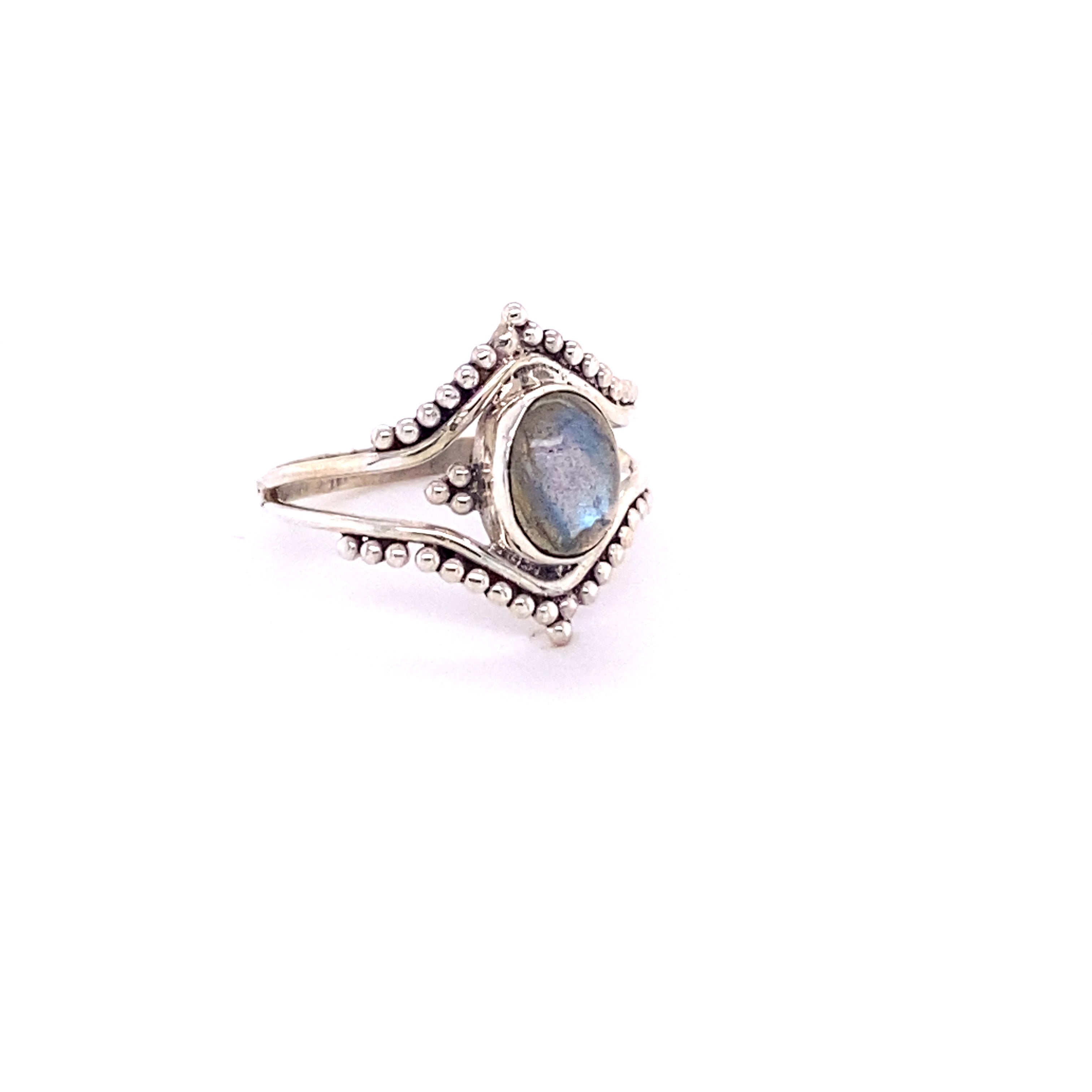 A sterling silver Double Chevron Gemstone Ring with Ball Design.