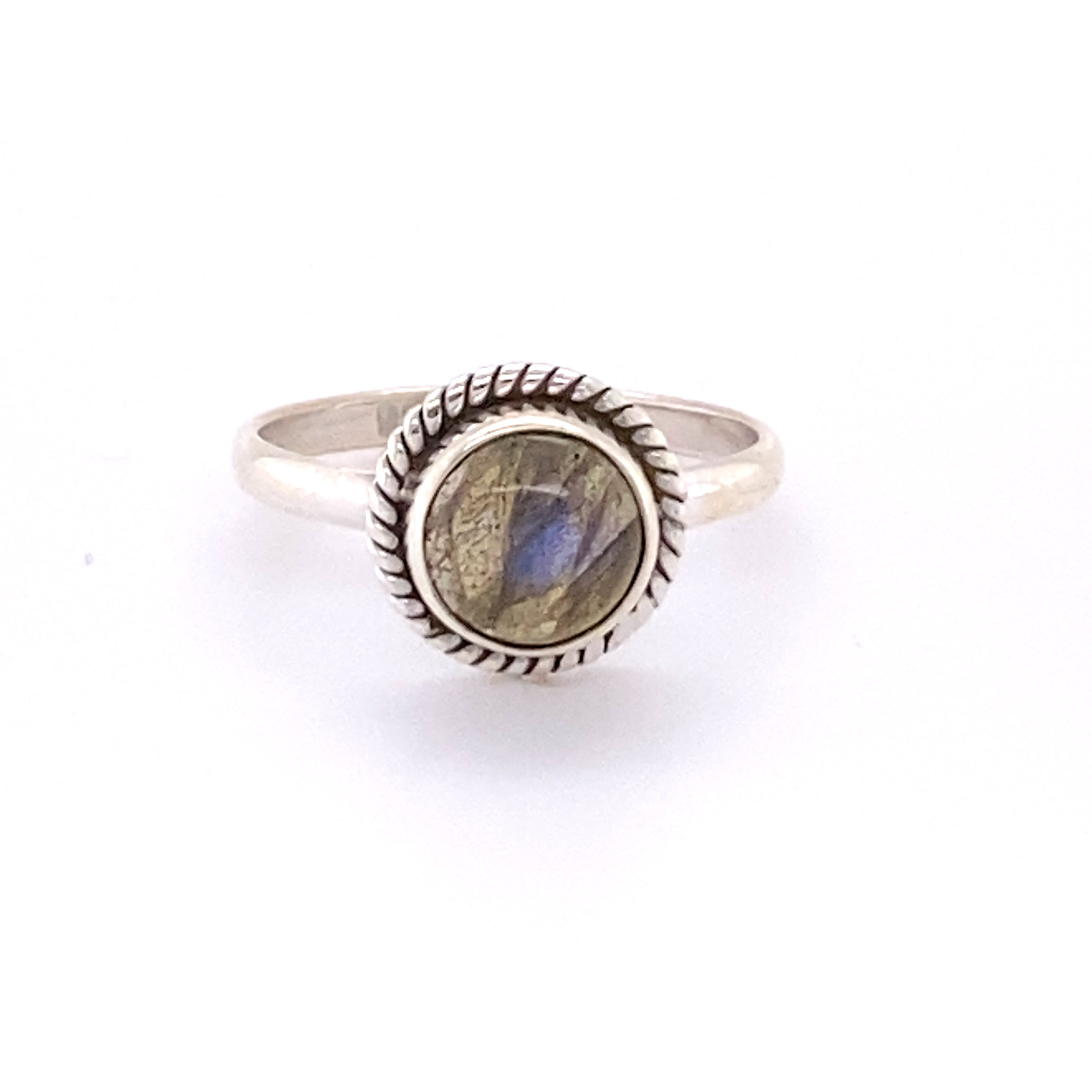 A sterling silver Simple Round Gemstone Ring with Rope Border.