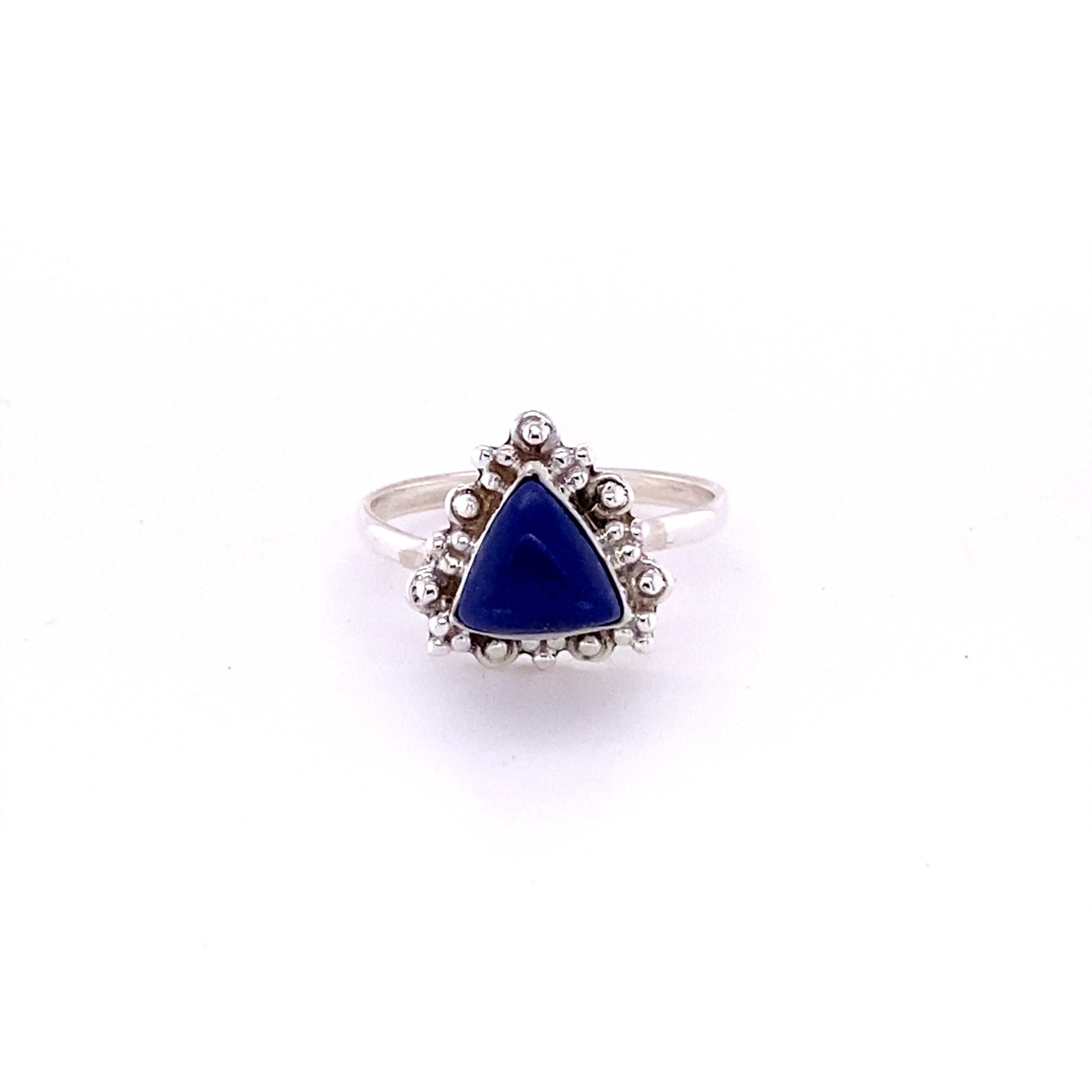A Super Silver Delicate Gemstone Triangle Ring with a lapis stone and diamonds.